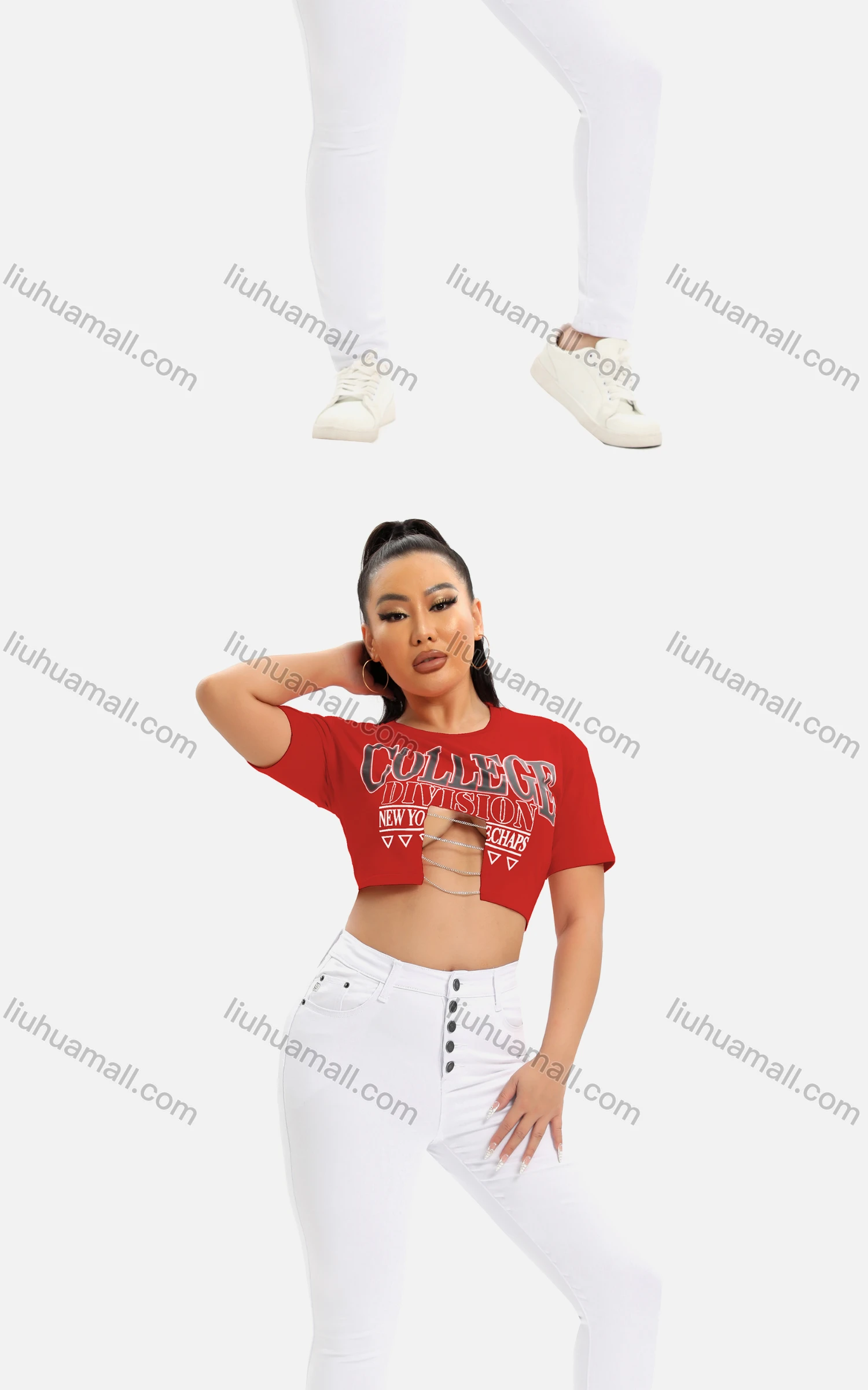 Wholesale Women's Sexy Crew Neck Short Sleeve Cut Out Chain Letter Crop Top - Liuhuamall