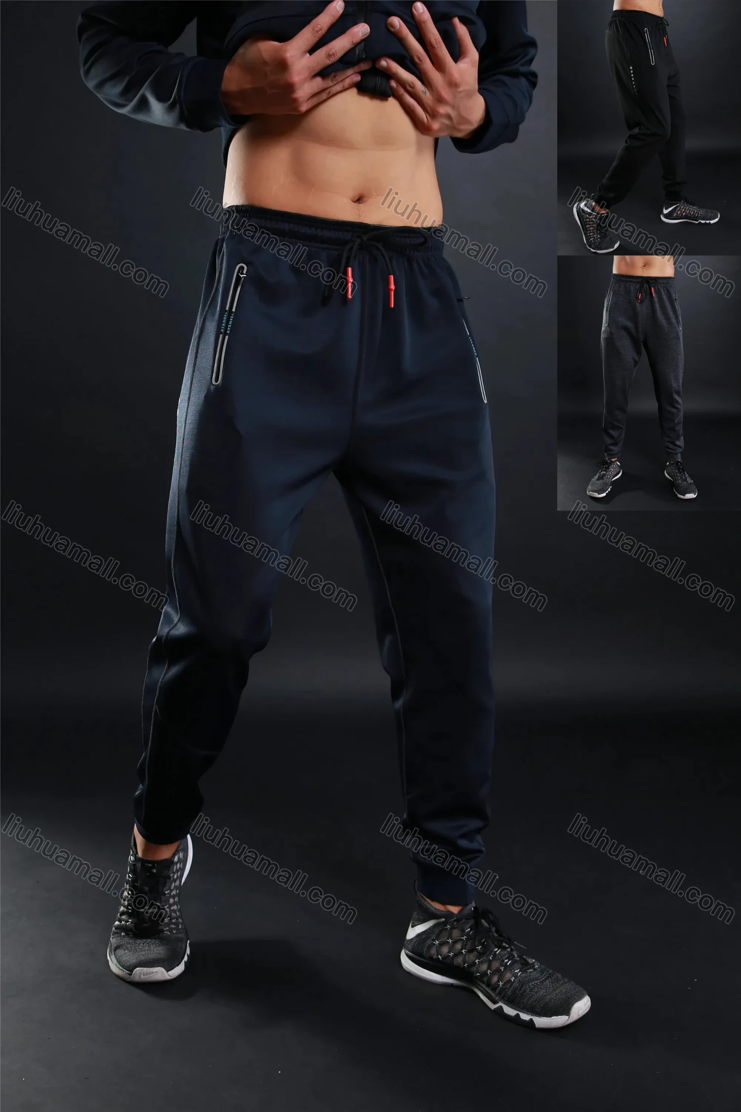 Wholesale Men's Athletic Workout Elastic Waist Drawstring Zipper Pockets Ankle Length Gym Running Joggers L10818# - Liuhuamall