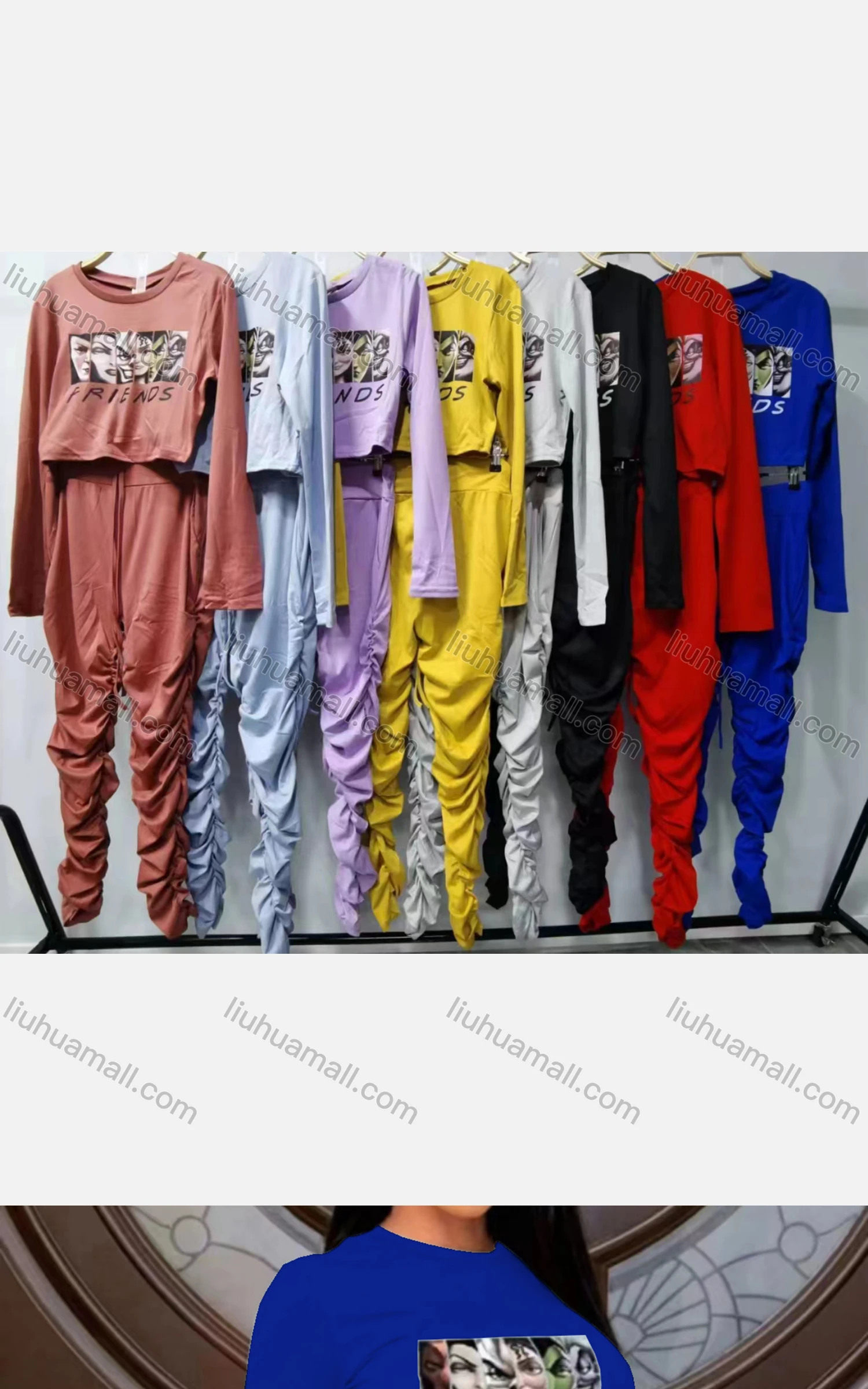 Wholesale Women's Sexy Graphic Long Sleeve Bodycon Crop Top & Elastic Waist Pants Set - Liuhuamall