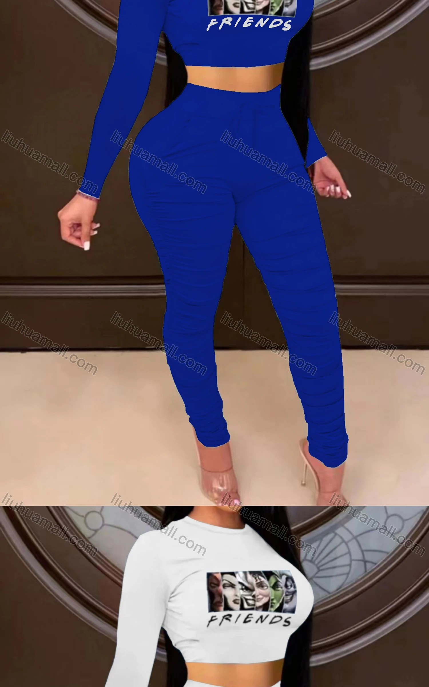 Wholesale Women's Sexy Graphic Long Sleeve Bodycon Crop Top & Elastic Waist Pants Set - Liuhuamall