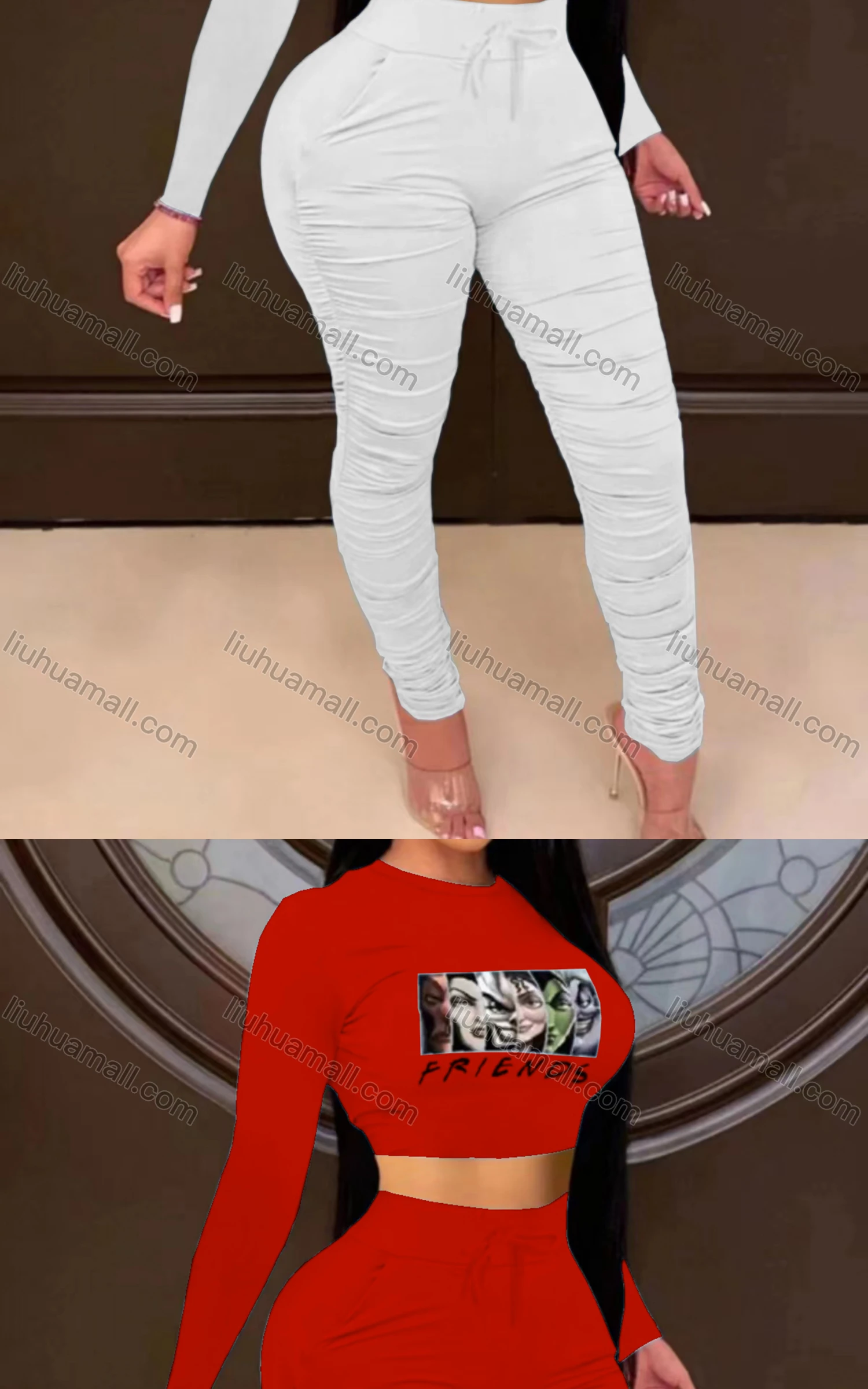 Wholesale Women's Sexy Graphic Long Sleeve Bodycon Crop Top & Elastic Waist Pants Set - Liuhuamall