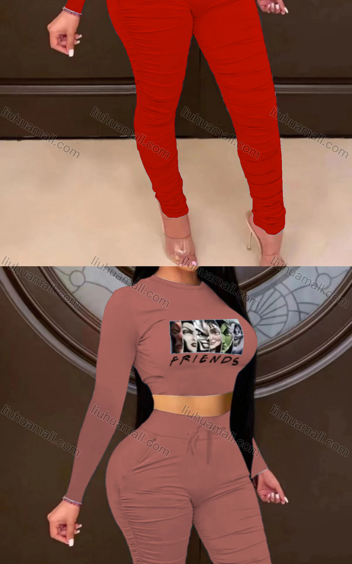 Wholesale Women's Sexy Graphic Long Sleeve Bodycon Crop Top & Elastic Waist Pants Set - Liuhuamall