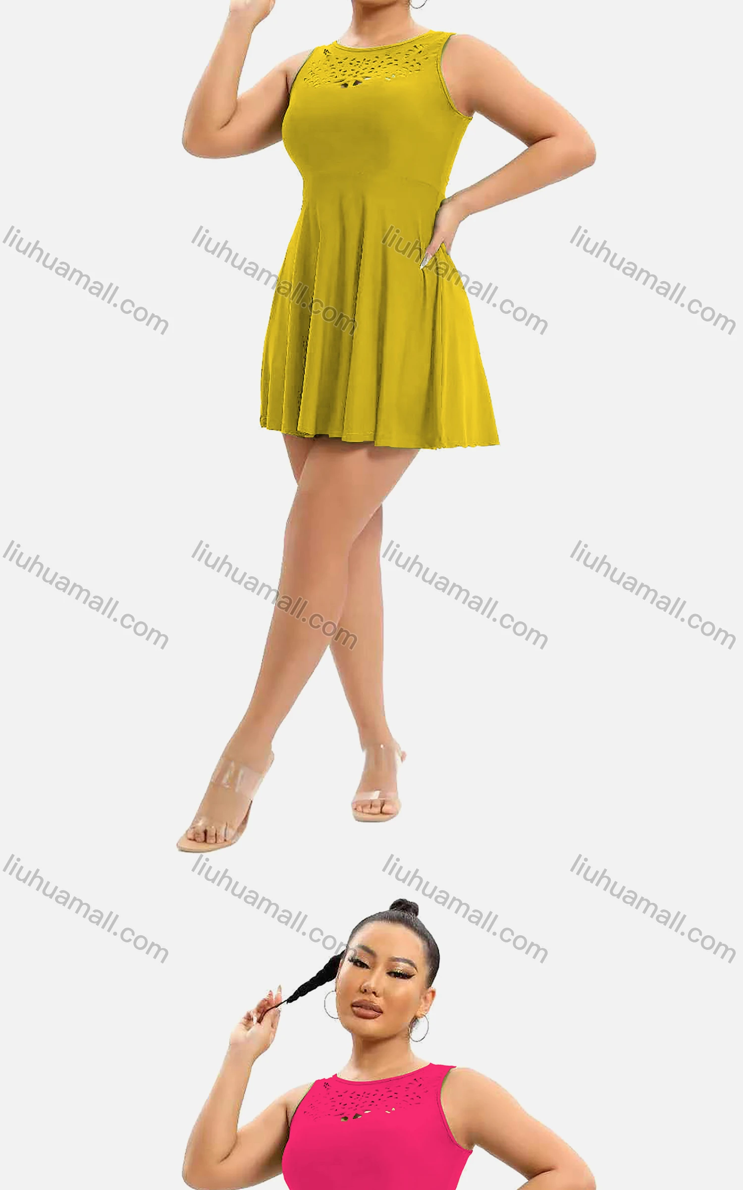 Wholesale Women's Casual Plain Crew Neck Sleeveless High Waist Short Tank Dress - Liuhuamall