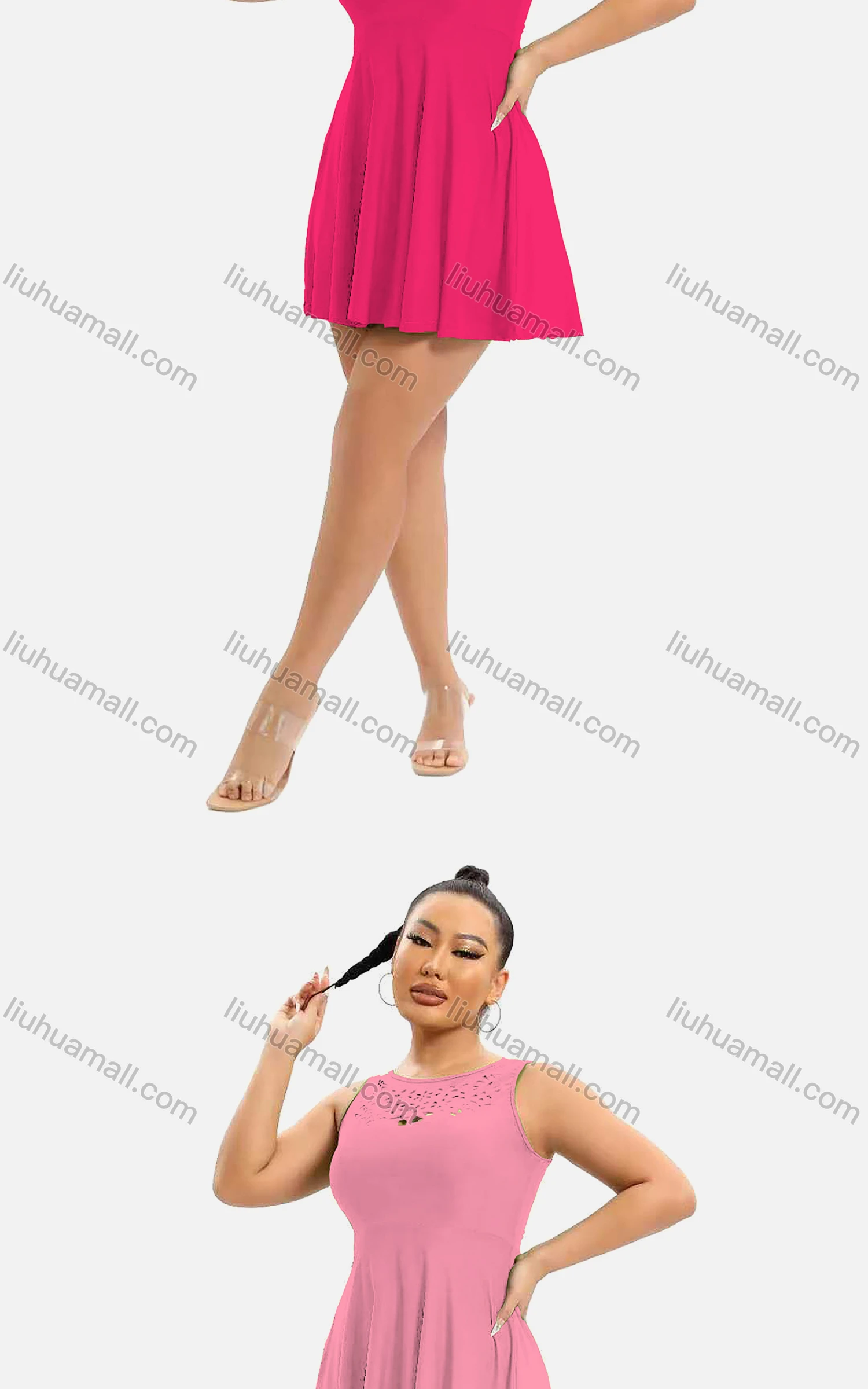 Wholesale Women's Casual Plain Crew Neck Sleeveless High Waist Short Tank Dress - Liuhuamall