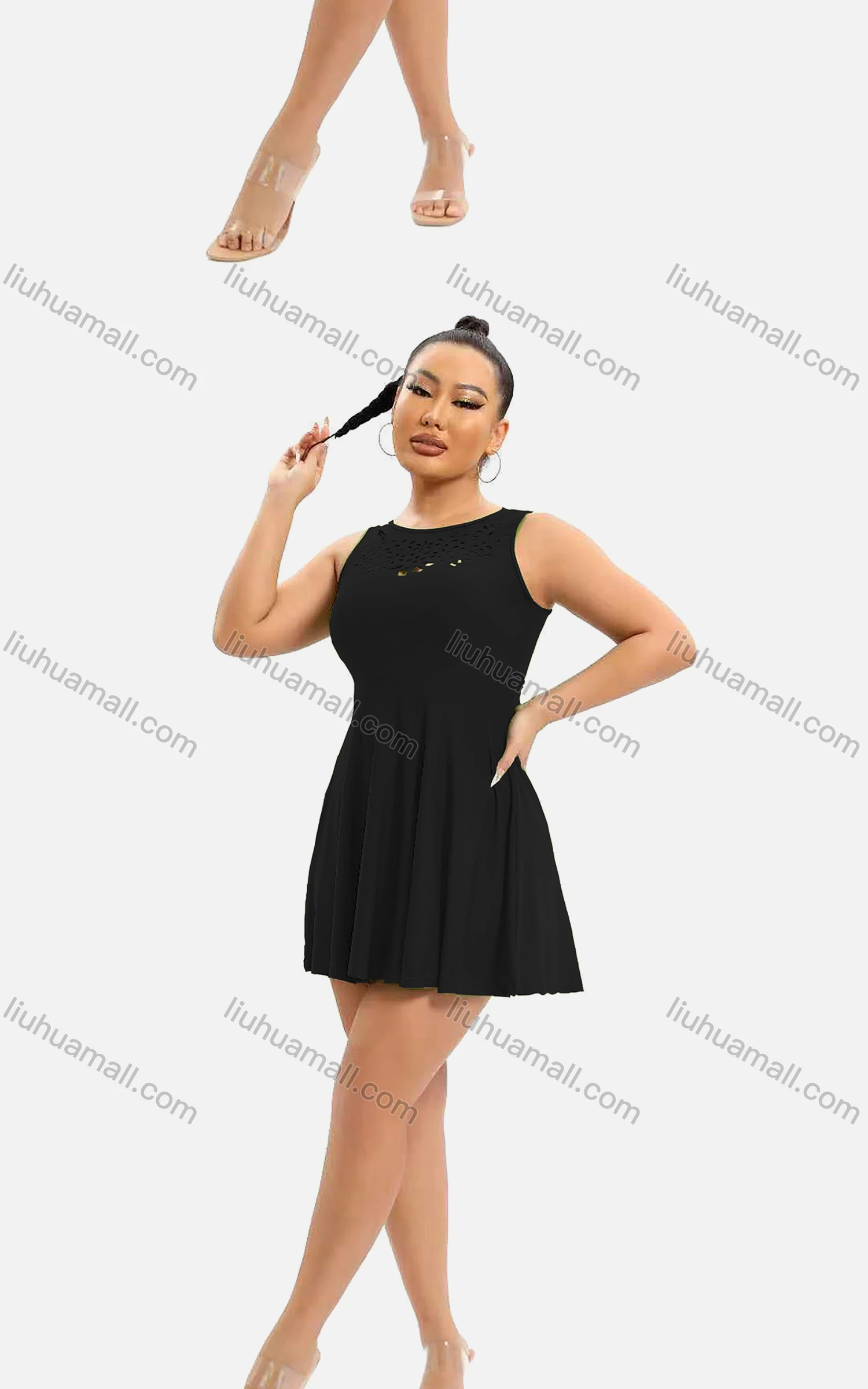 Wholesale Women's Casual Plain Crew Neck Sleeveless High Waist Short Tank Dress - Liuhuamall