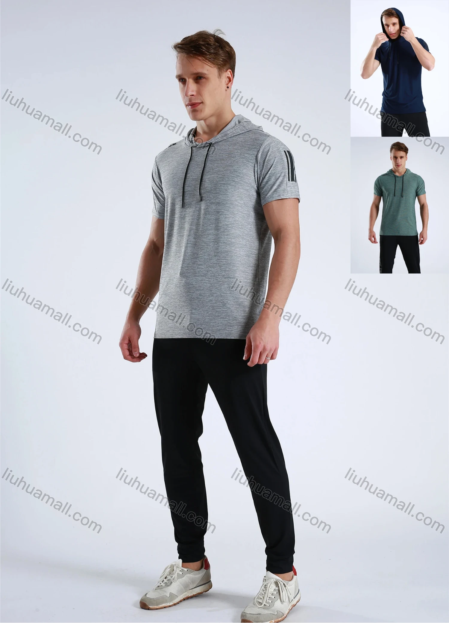 Wholesale Men's Athletic Workout Breathable Quick Dry Fitness Short Sleeve Hooded T-shirt M001# - Liuhuamall