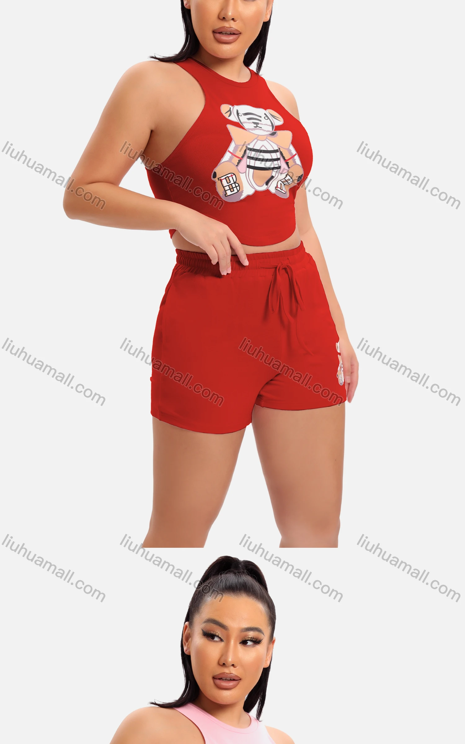 Wholesale Women's Casual Graphic Crop Tank Top & Elastic Waist Drawstring Hot Shorts Set - Liuhuamall