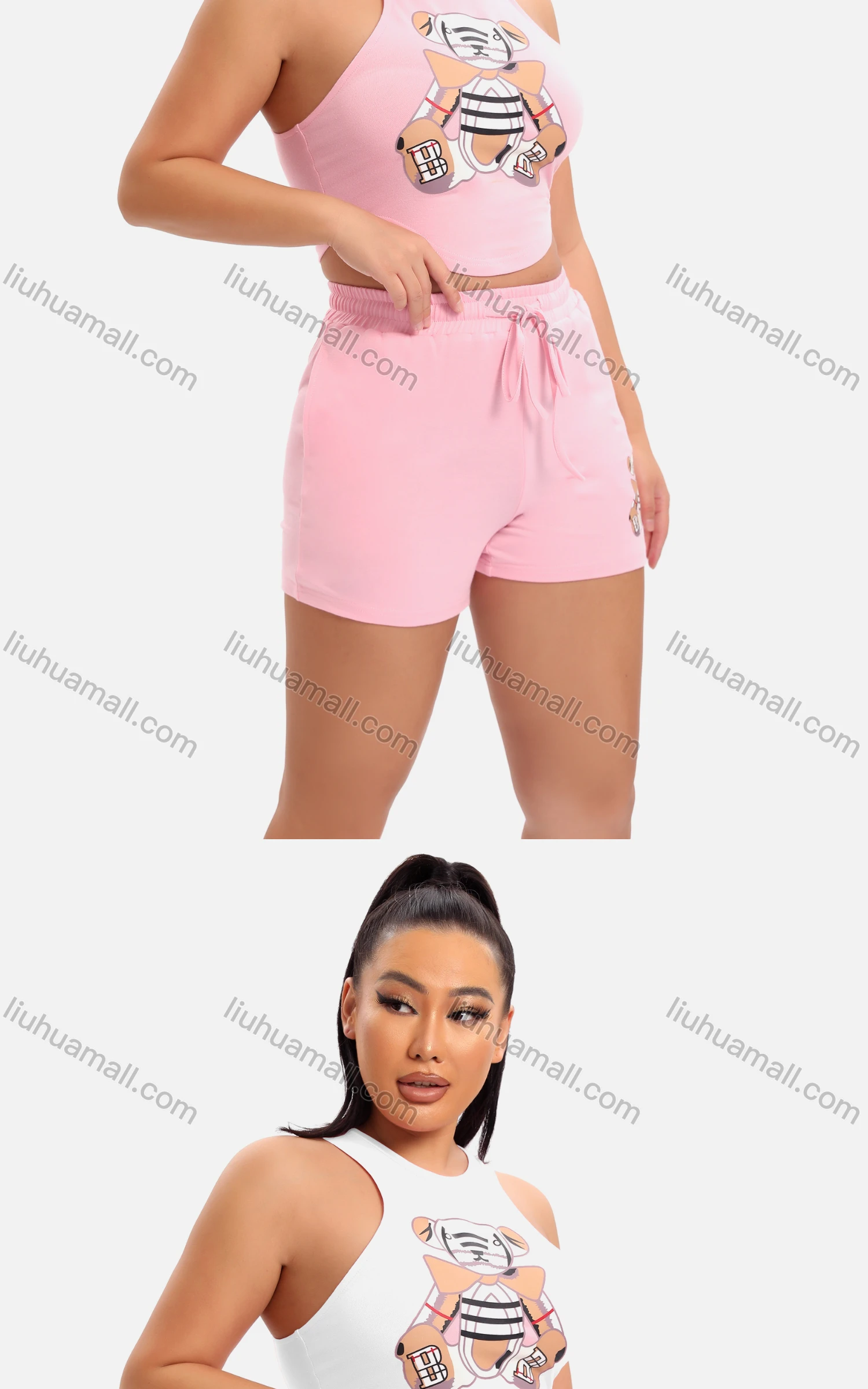 Wholesale Women's Casual Graphic Crop Tank Top & Elastic Waist Drawstring Hot Shorts Set - Liuhuamall