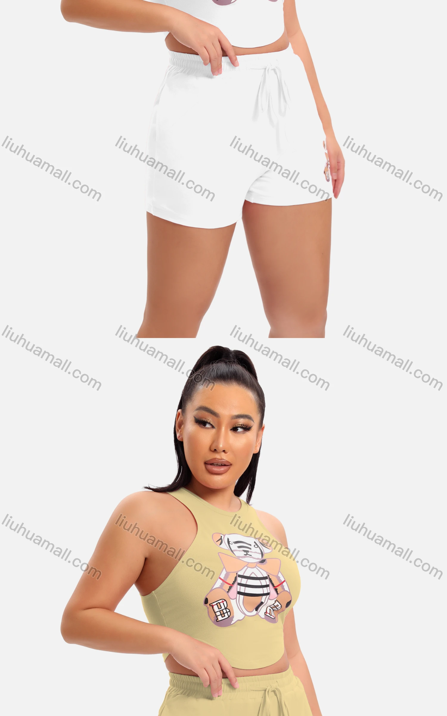 Wholesale Women's Casual Graphic Crop Tank Top & Elastic Waist Drawstring Hot Shorts Set - Liuhuamall