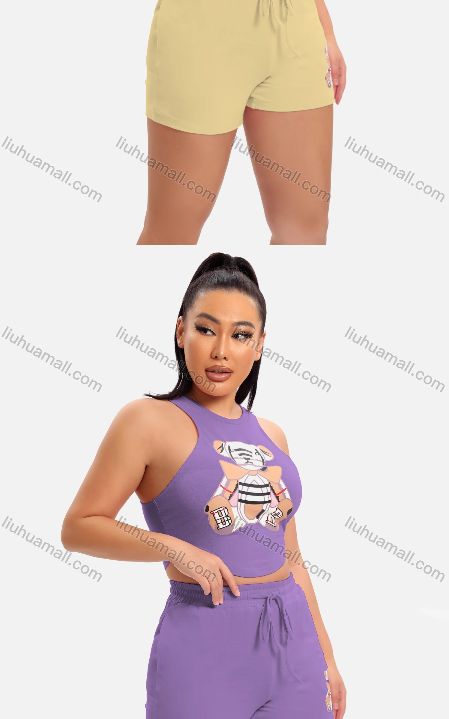 Wholesale Women's Casual Graphic Crop Tank Top & Elastic Waist Drawstring Hot Shorts Set - Liuhuamall