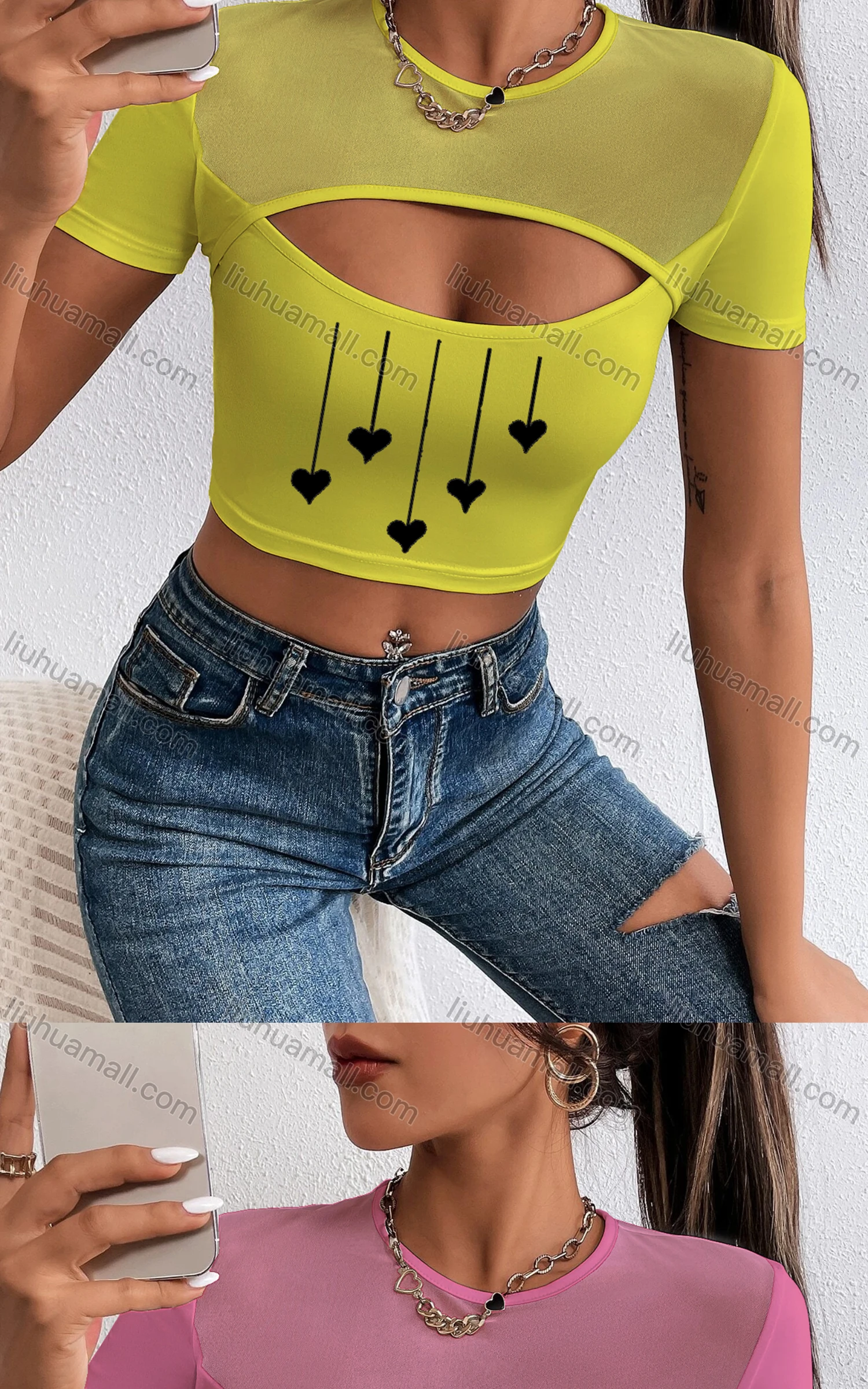 Wholesale Women's Sexy Crew Neck Slim Fit Short Sleeve Cut Out Crop Top - Liuhuamall