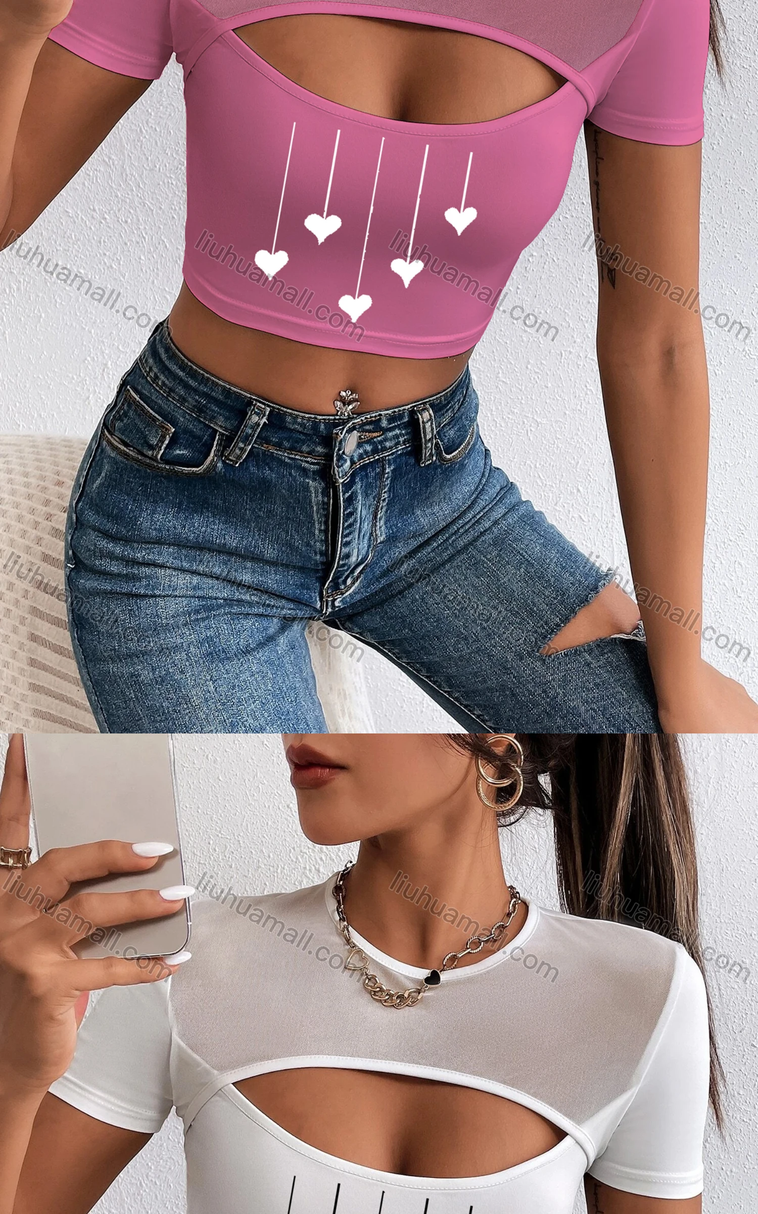 Wholesale Women's Sexy Crew Neck Slim Fit Short Sleeve Cut Out Crop Top - Liuhuamall