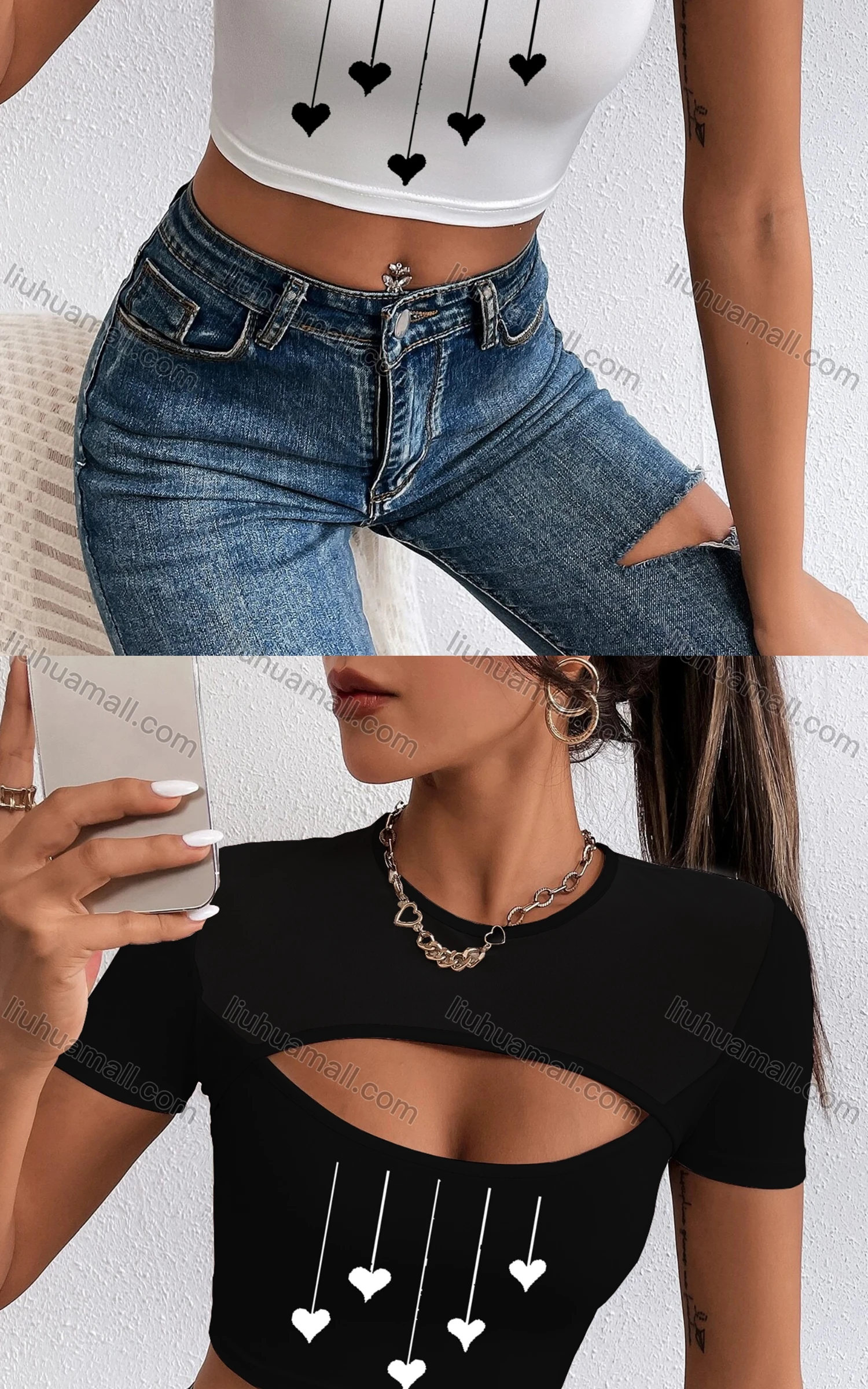 Wholesale Women's Sexy Crew Neck Slim Fit Short Sleeve Cut Out Crop Top - Liuhuamall