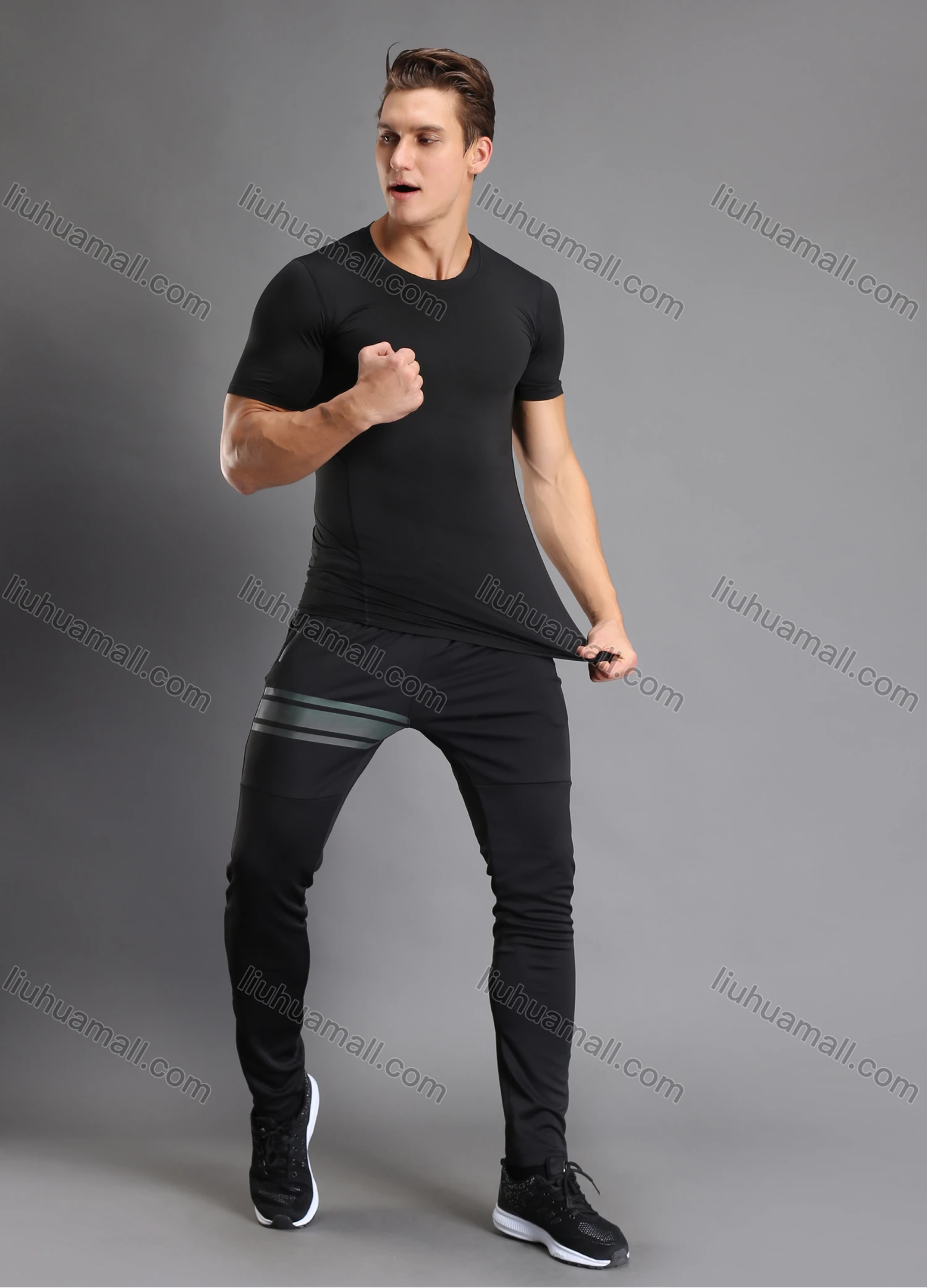 Wholesale Men's Athletic Workout Elastic Waist Reflective Stripes Zipper Pockets Ankle Length Gym Running Joggers N203# - Liuhuamall