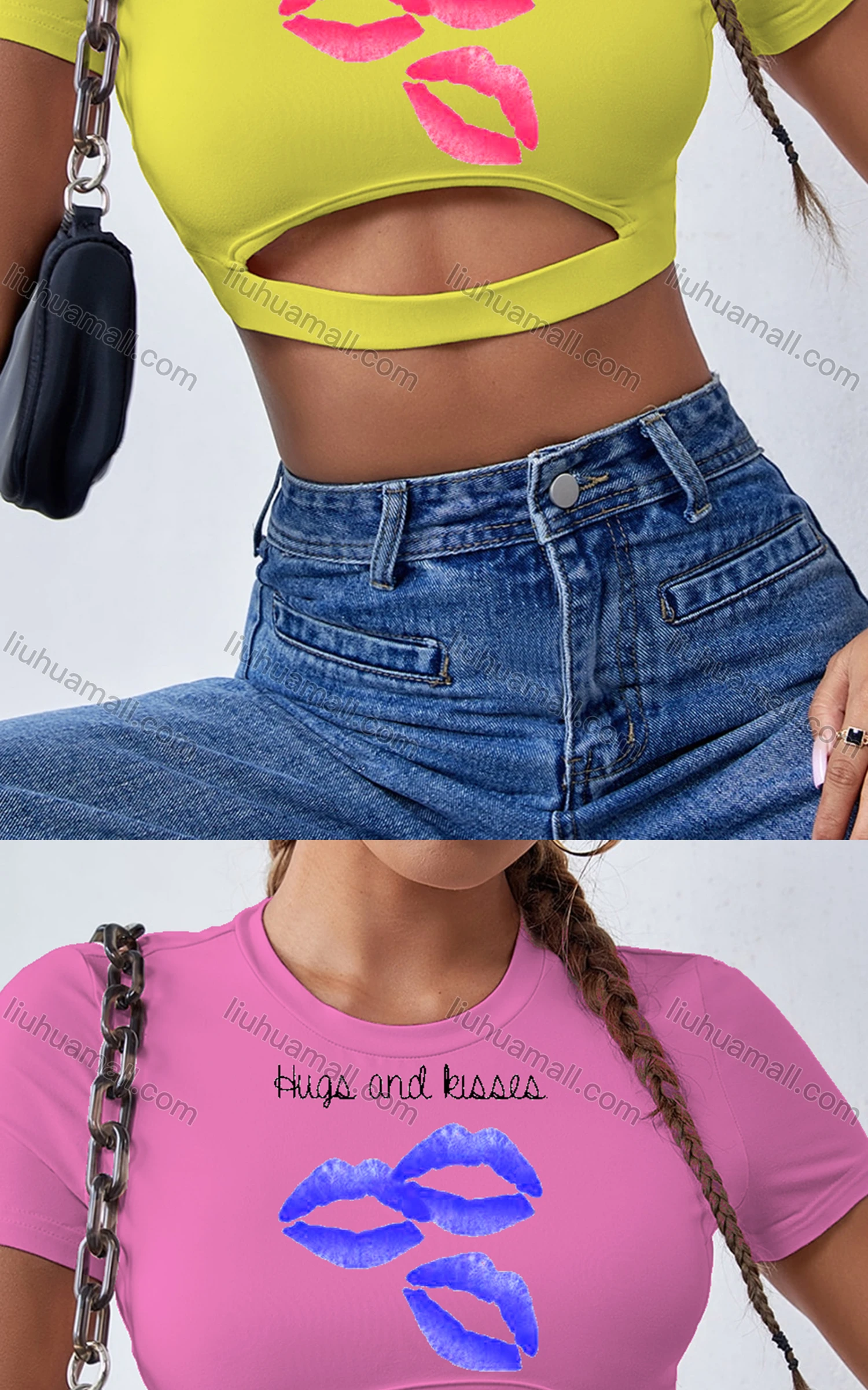 Wholesale Women's Sexy Crew Neck Slim Fit Short Sleeve Cut Out Crop Top - Liuhuamall