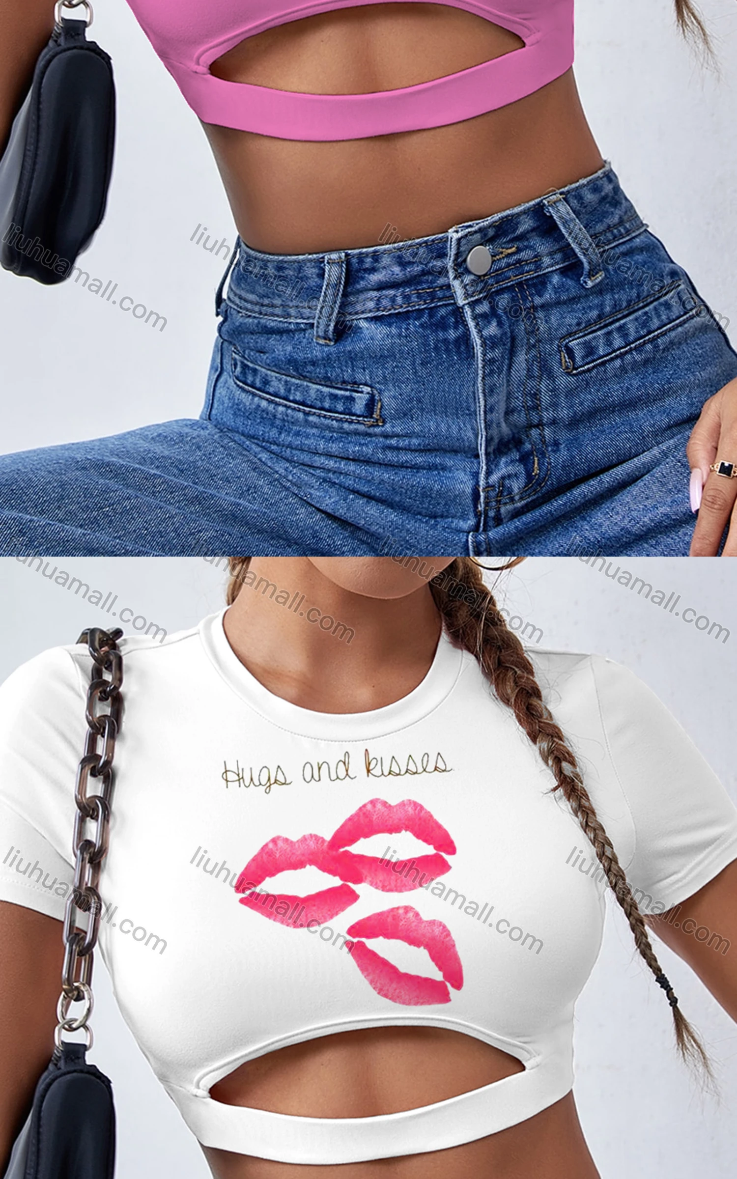 Wholesale Women's Sexy Crew Neck Slim Fit Short Sleeve Cut Out Crop Top - Liuhuamall