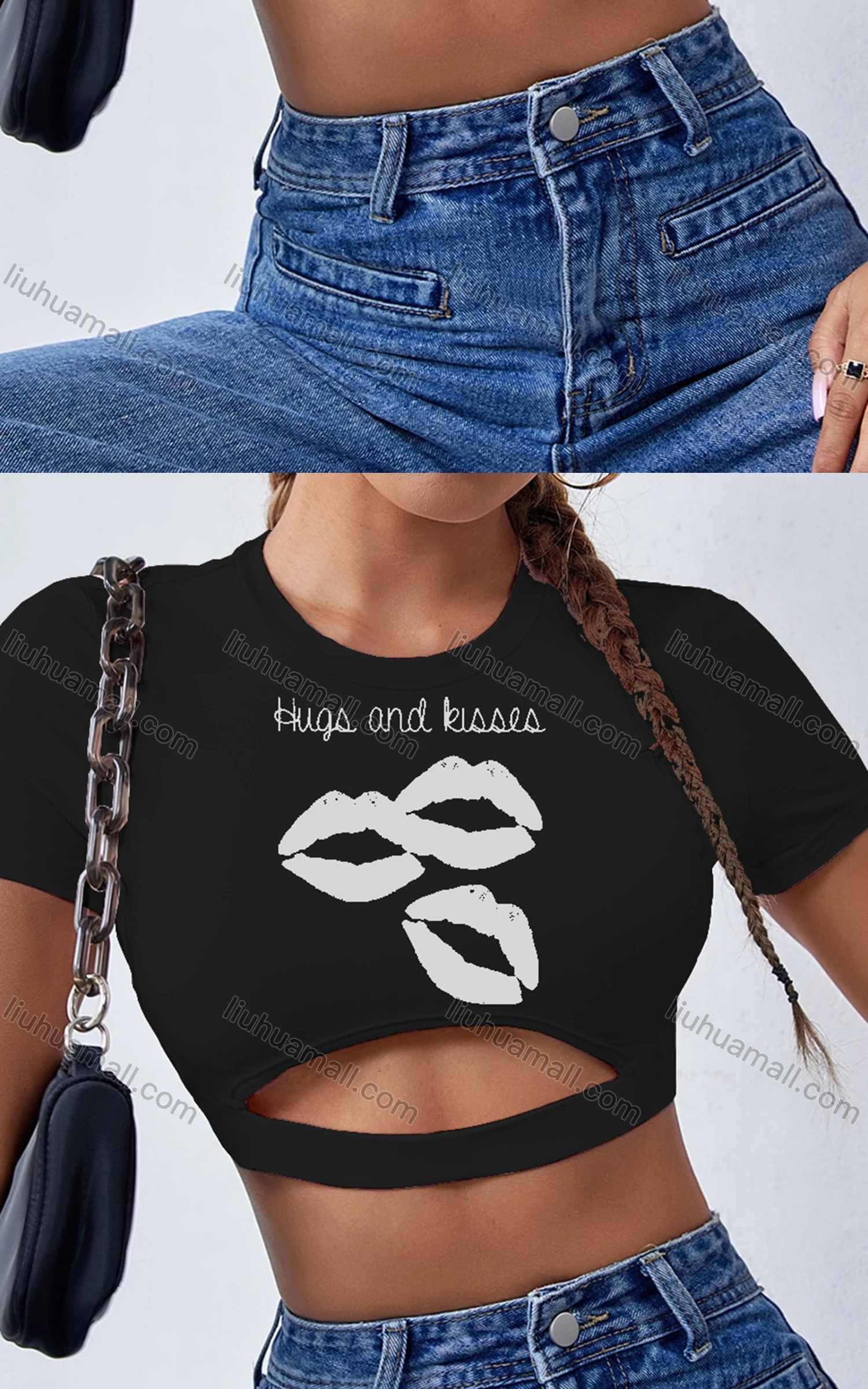 Wholesale Women's Sexy Crew Neck Slim Fit Short Sleeve Cut Out Crop Top - Liuhuamall