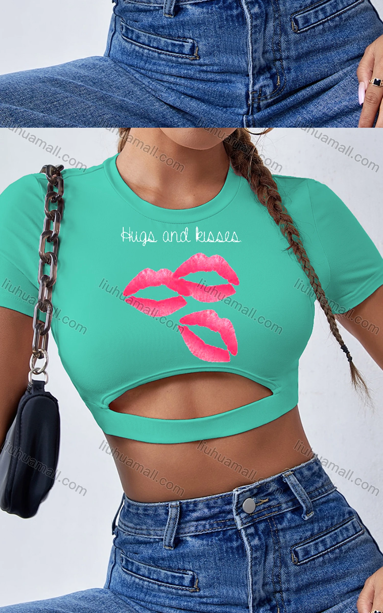 Wholesale Women's Sexy Crew Neck Slim Fit Short Sleeve Cut Out Crop Top - Liuhuamall