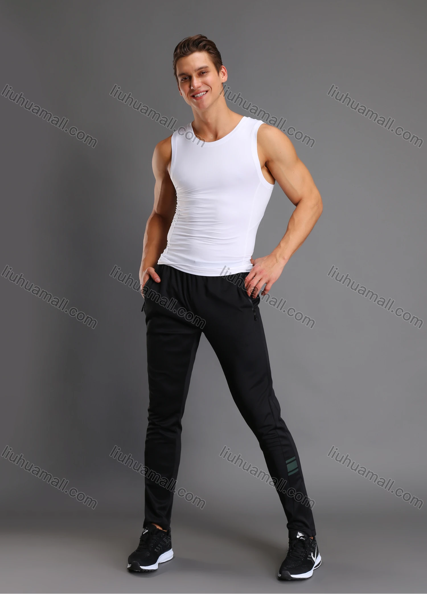 Wholesale Men's Athletic Workout Elastic Waist Reflective Stripes Zipper Pockets Ankle Length Gym Running Joggers N204# - Liuhuamall