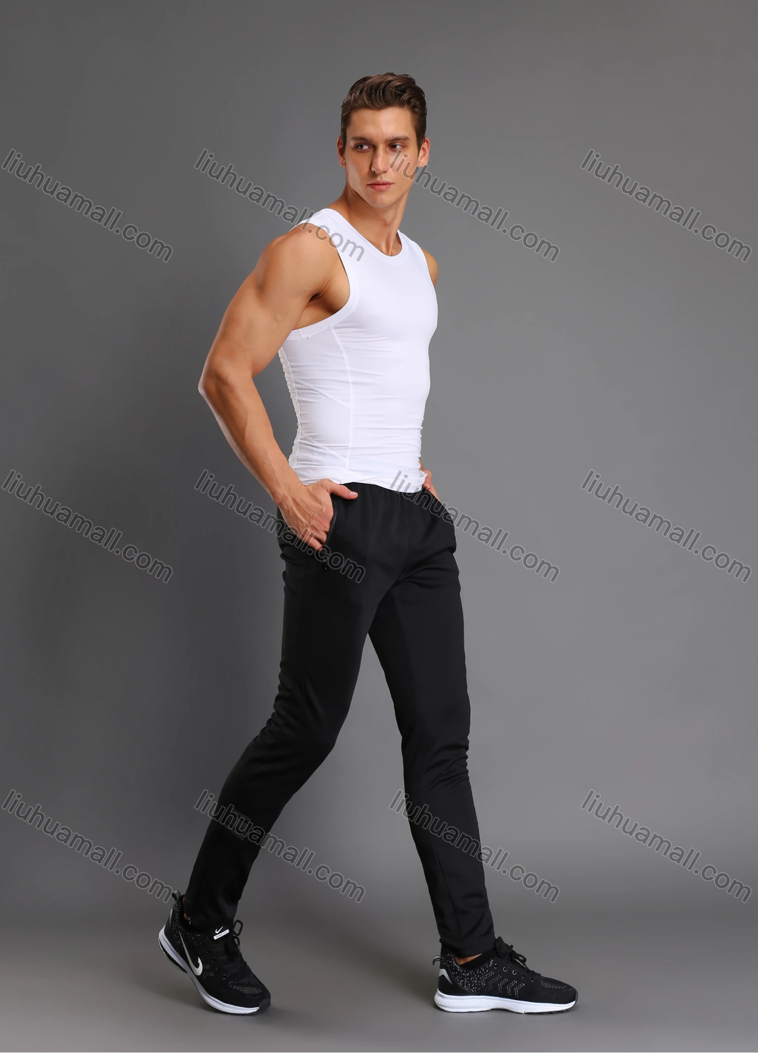 Wholesale Men's Athletic Workout Elastic Waist Reflective Stripes Zipper Pockets Ankle Length Gym Running Joggers N204# - Liuhuamall