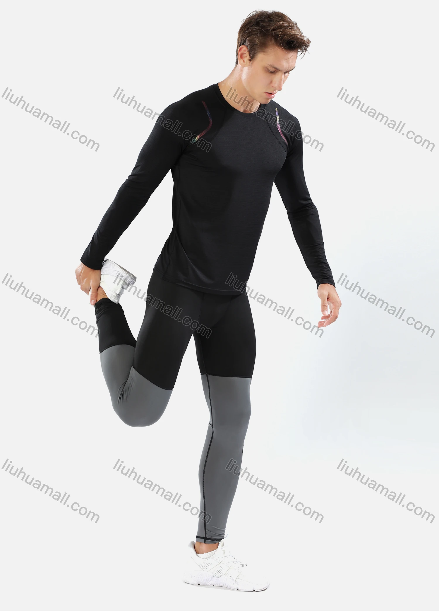 Wholesale Men's Athletic Workout Elastic Waist Colorblock Letter Print Ankle Length Gym Running Leggings N207# - Liuhuamall