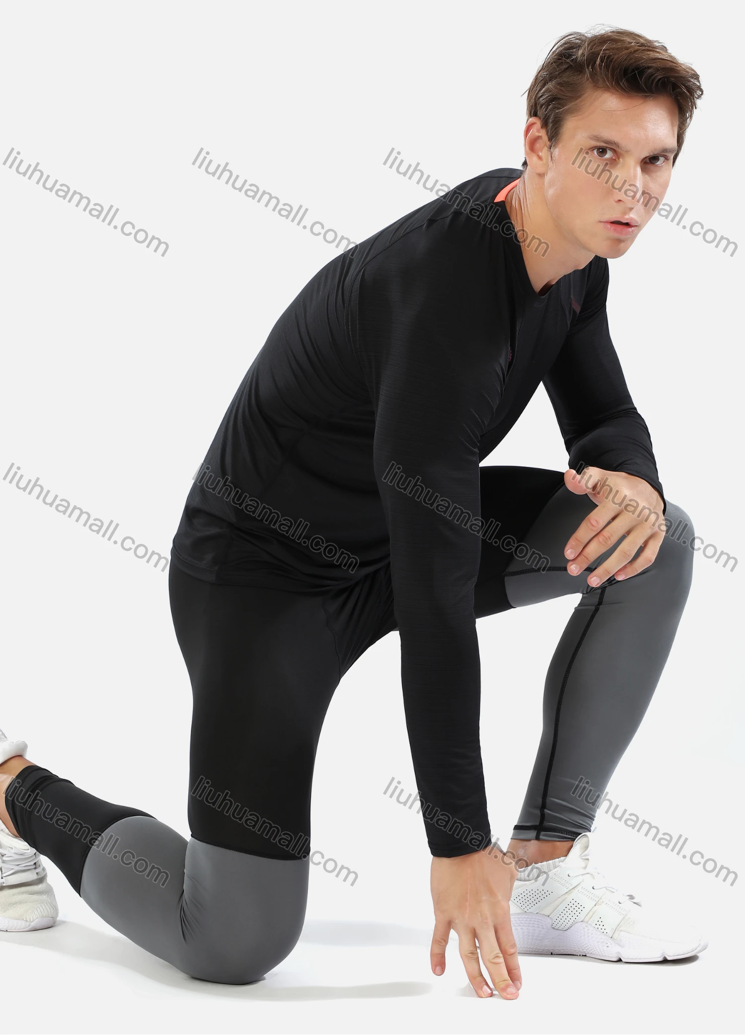 Wholesale Men's Athletic Workout Elastic Waist Colorblock Letter Print Ankle Length Gym Running Leggings N207# - Liuhuamall