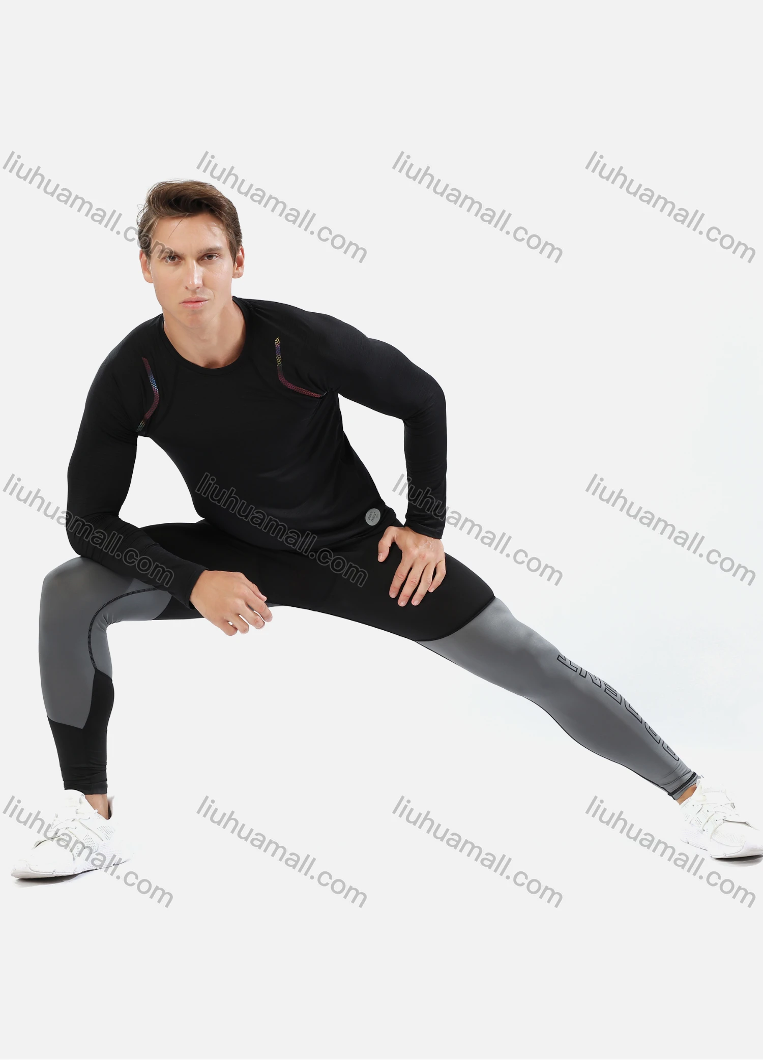 Wholesale Men's Athletic Workout Elastic Waist Colorblock Letter Print Ankle Length Gym Running Leggings N207# - Liuhuamall