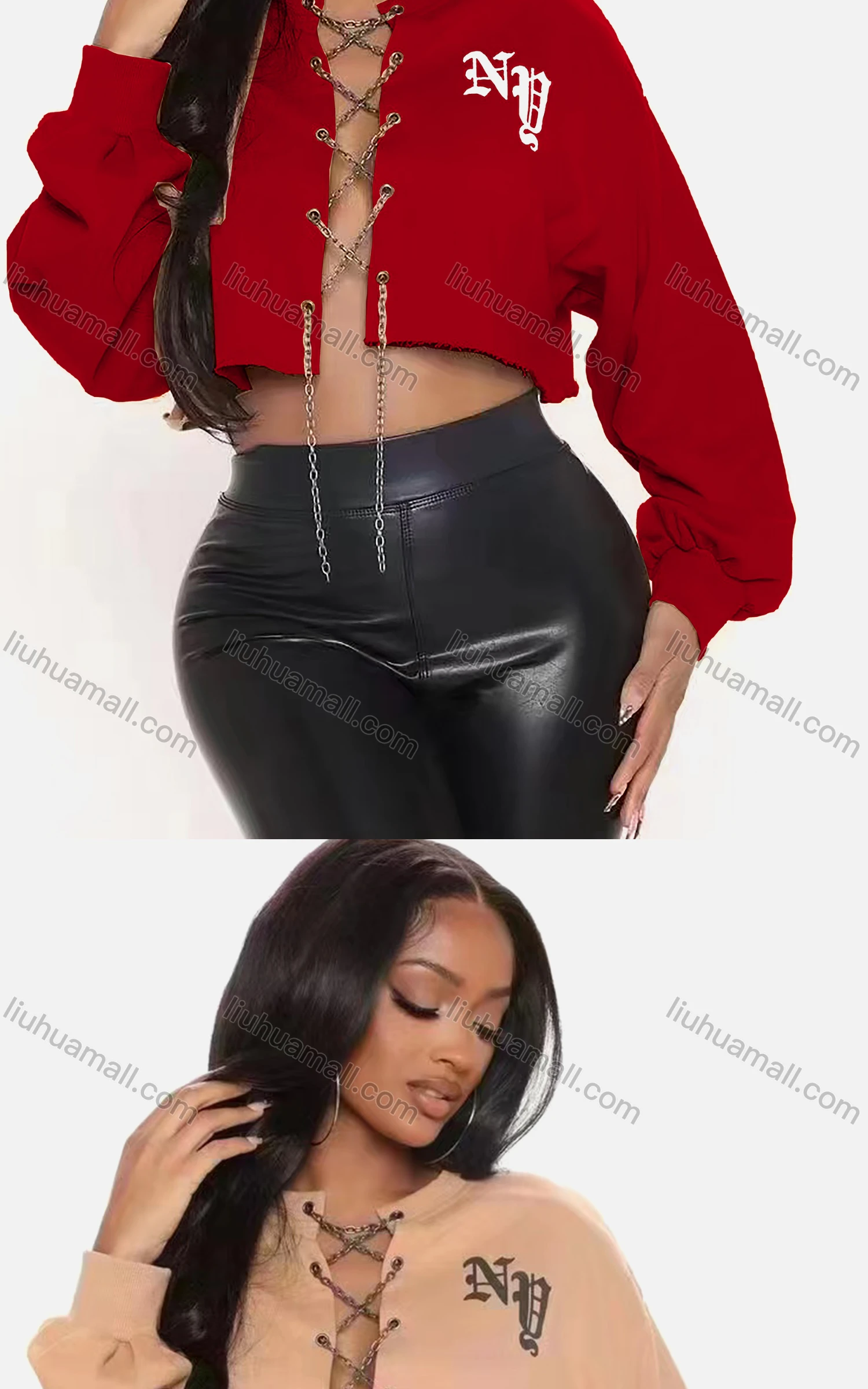 Wholesale Women's Sexy Letter Long Sleeve Chain Closure Crop Top - Liuhuamall