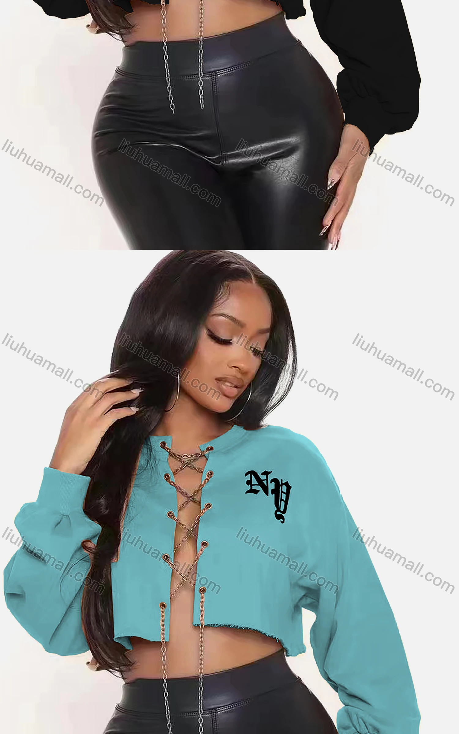 Wholesale Women's Sexy Letter Long Sleeve Chain Closure Crop Top - Liuhuamall