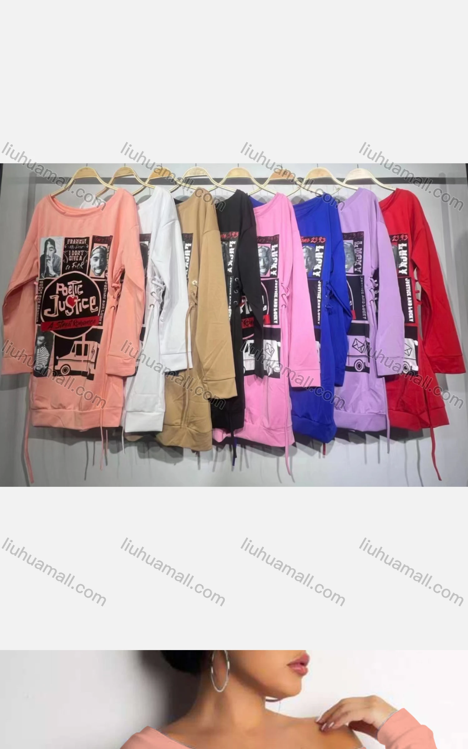 Wholesale Women's Casual Bateau Neck Long Sleeve High Waist Drawstring Graphic Tee Dress - Liuhuamall