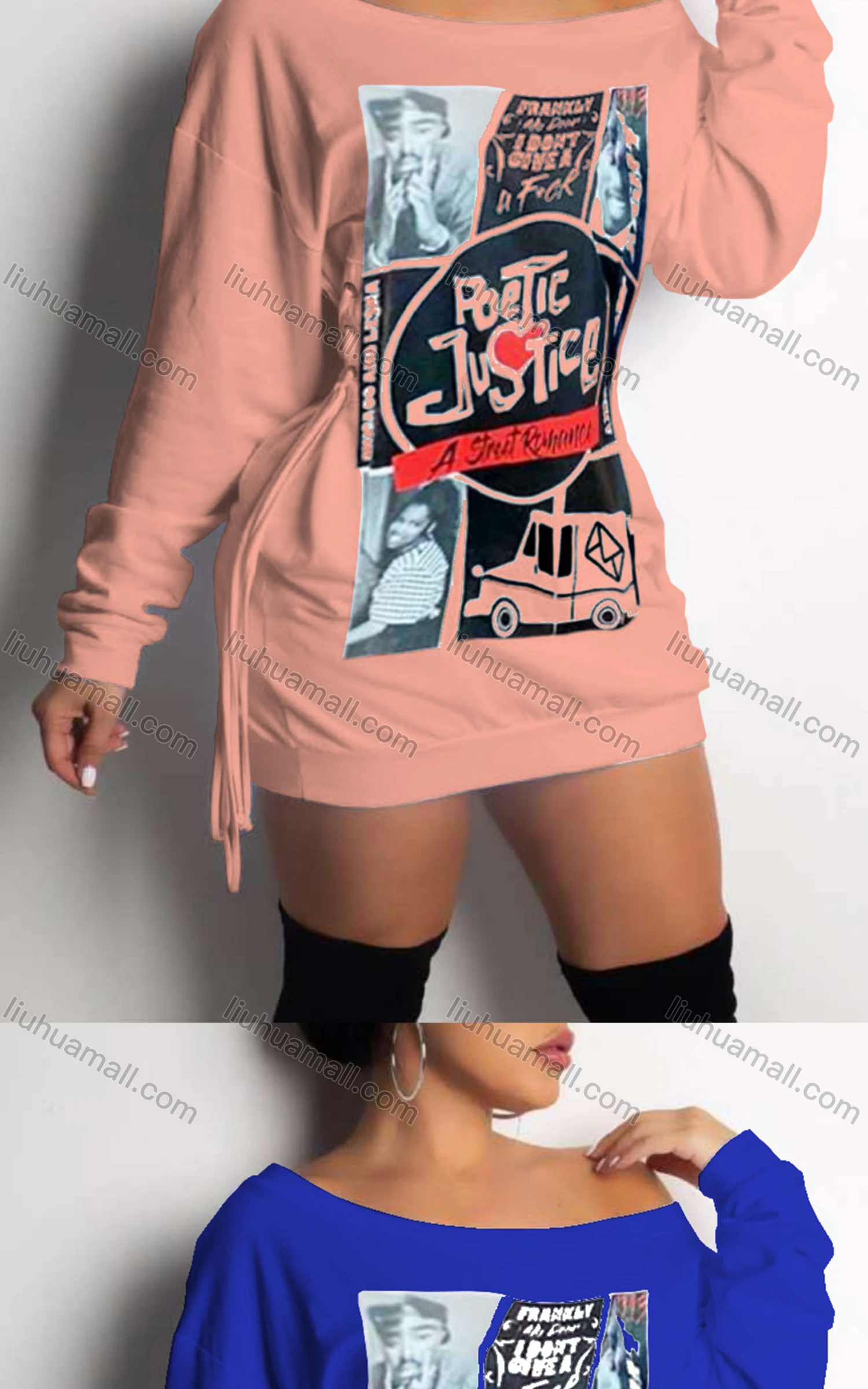 Wholesale Women's Casual Bateau Neck Long Sleeve High Waist Drawstring Graphic Tee Dress - Liuhuamall