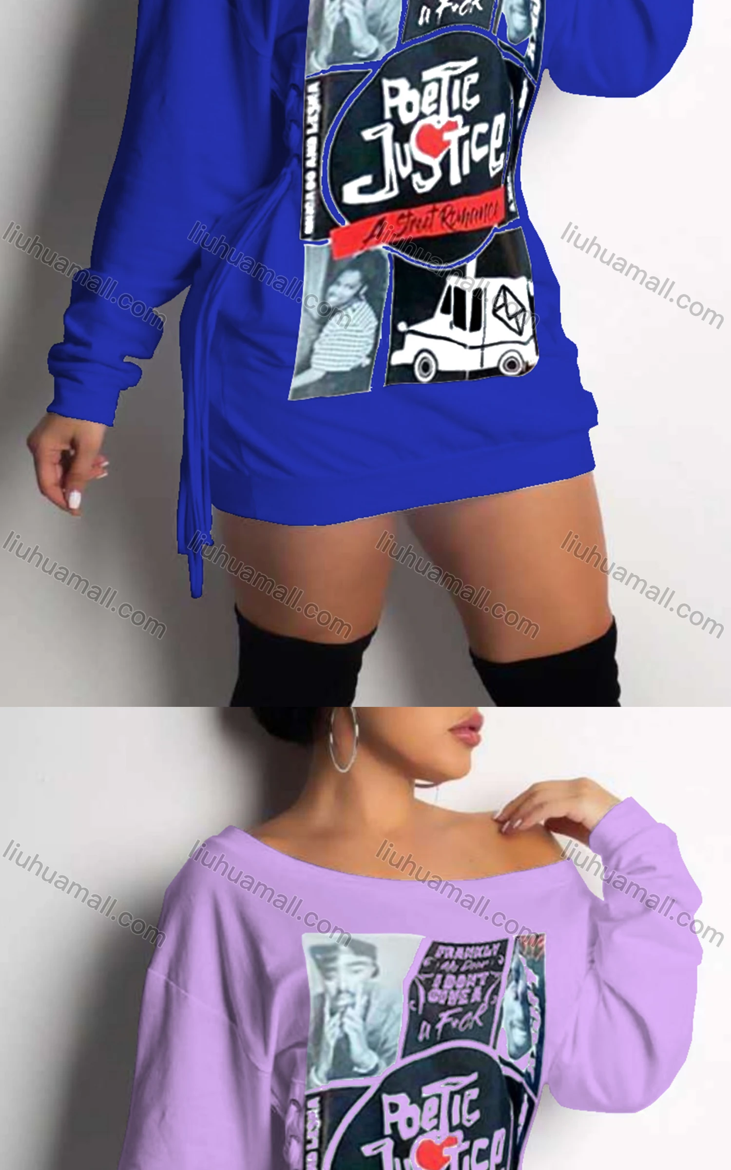 Wholesale Women's Casual Bateau Neck Long Sleeve High Waist Drawstring Graphic Tee Dress - Liuhuamall