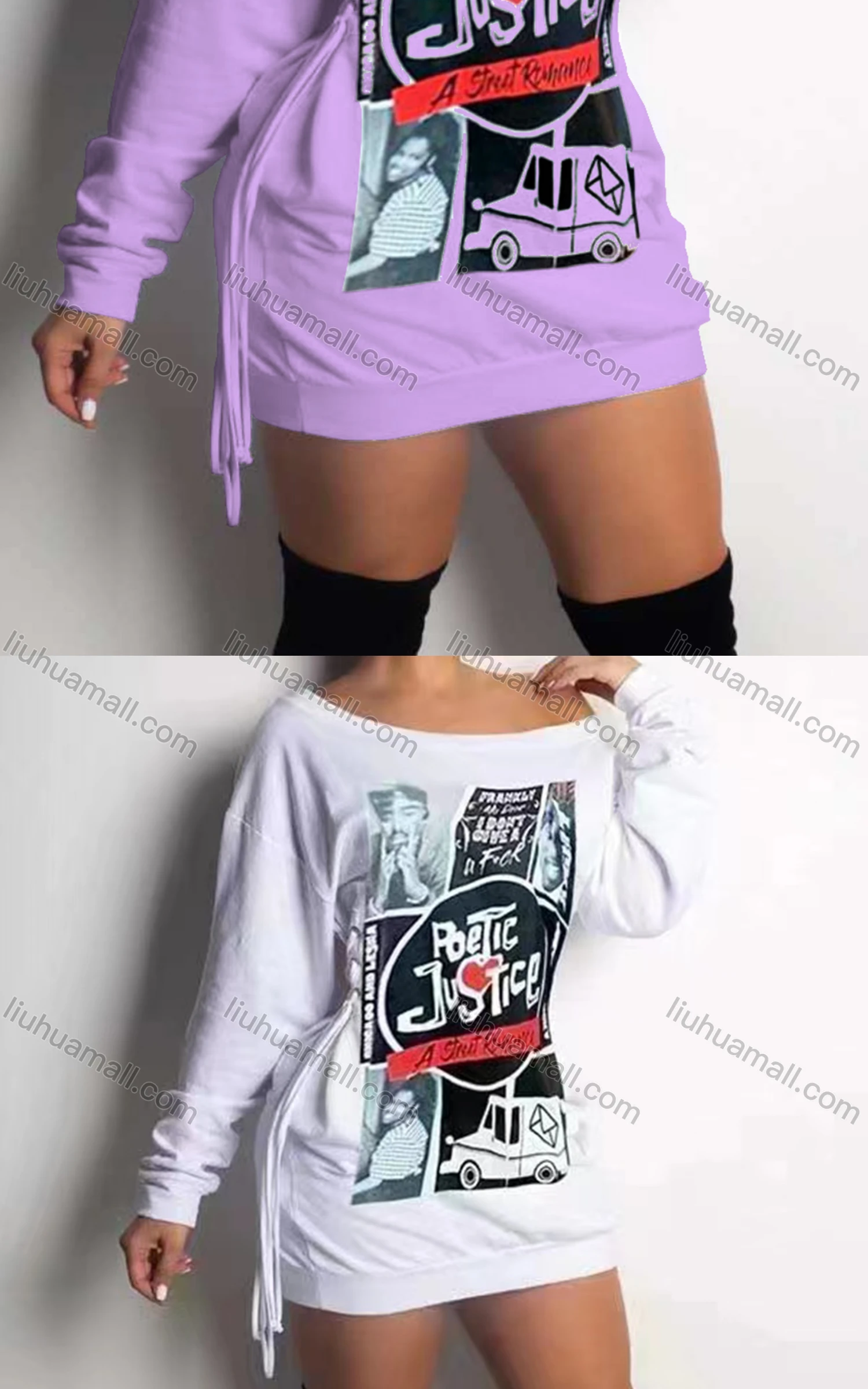 Wholesale Women's Casual Bateau Neck Long Sleeve High Waist Drawstring Graphic Tee Dress - Liuhuamall