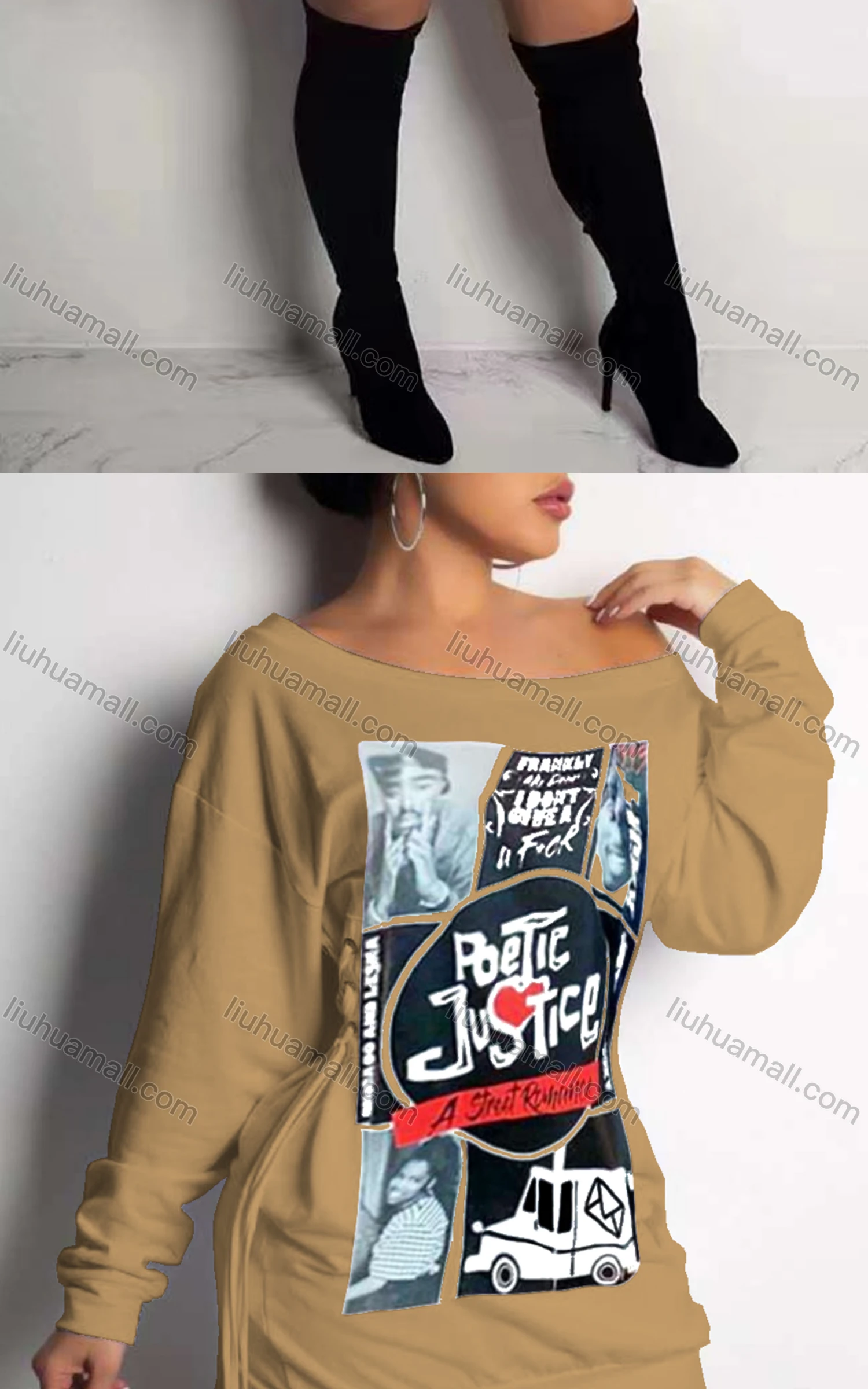 Wholesale Women's Casual Bateau Neck Long Sleeve High Waist Drawstring Graphic Tee Dress - Liuhuamall