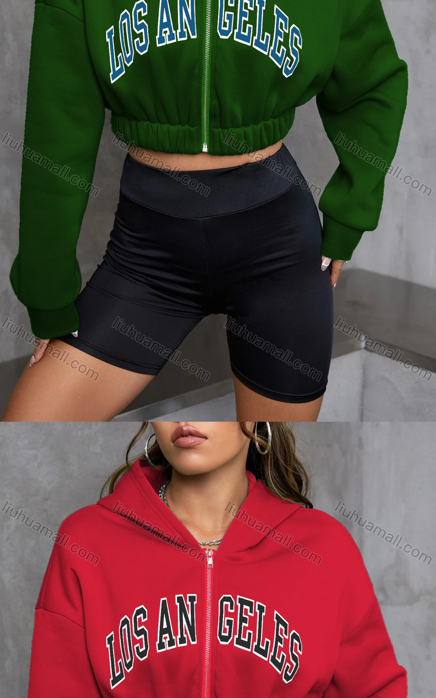 Wholesale Women's Casual Hooded Zipper Colorblock Letter Crop Hoodies - Liuhuamall