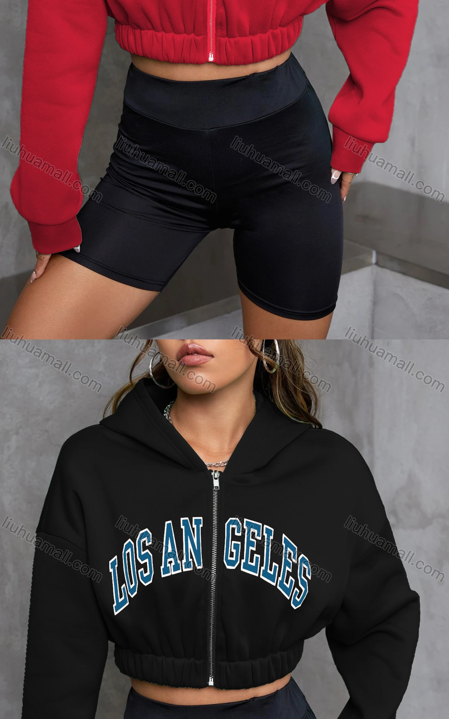 Wholesale Women's Casual Hooded Zipper Colorblock Letter Crop Hoodies - Liuhuamall