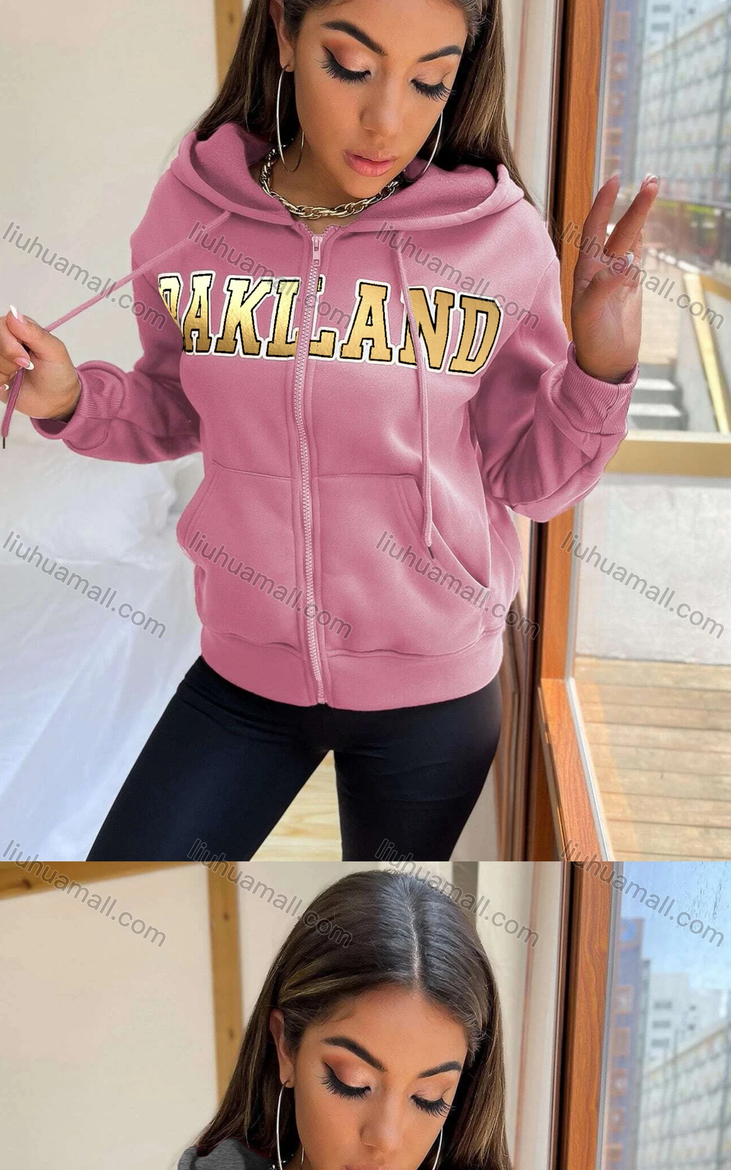 Wholesale Women's Casual Hooded Zipper Colorblock Letter Hoodies - Liuhuamall
