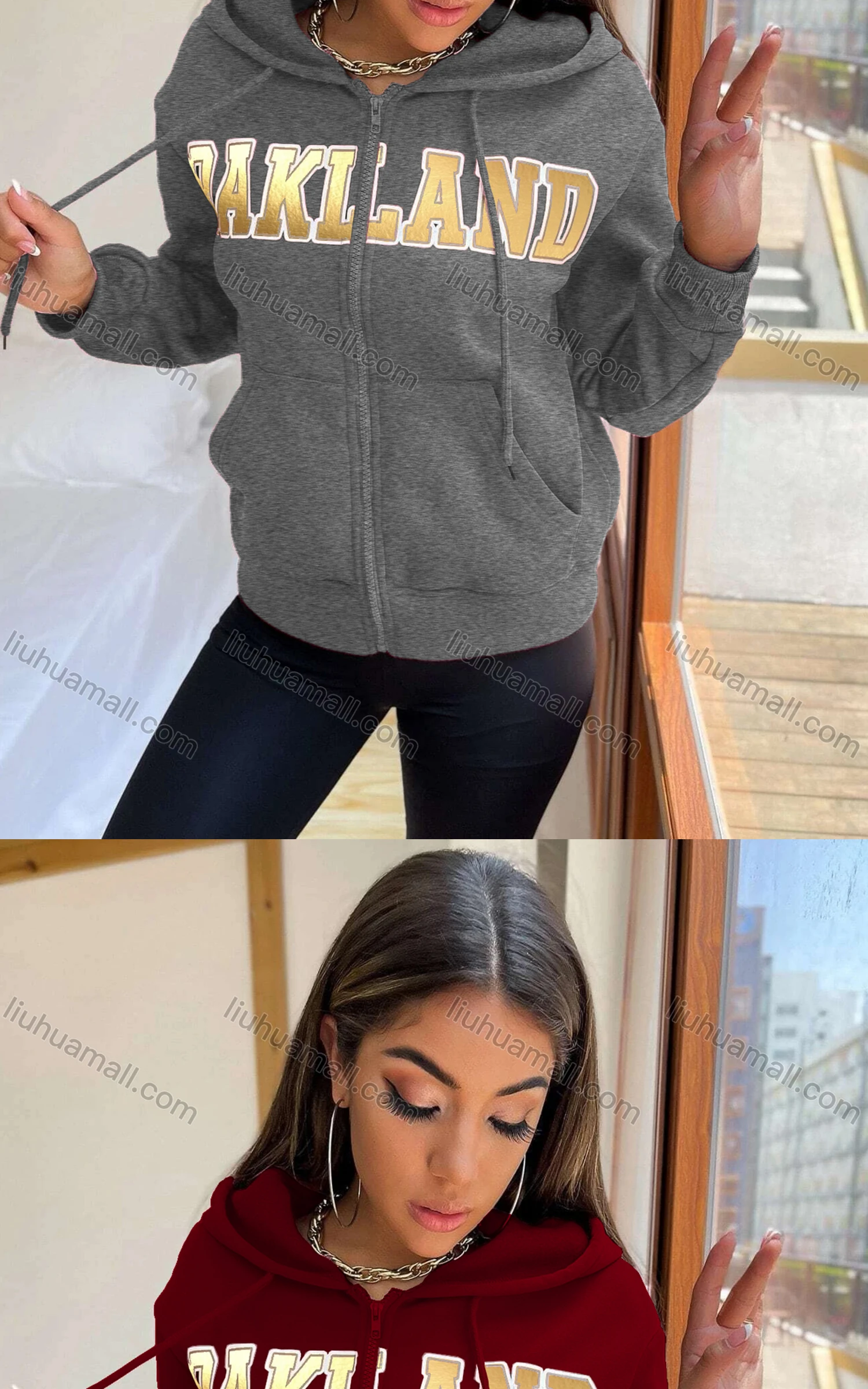 Wholesale Women's Casual Hooded Zipper Colorblock Letter Hoodies - Liuhuamall