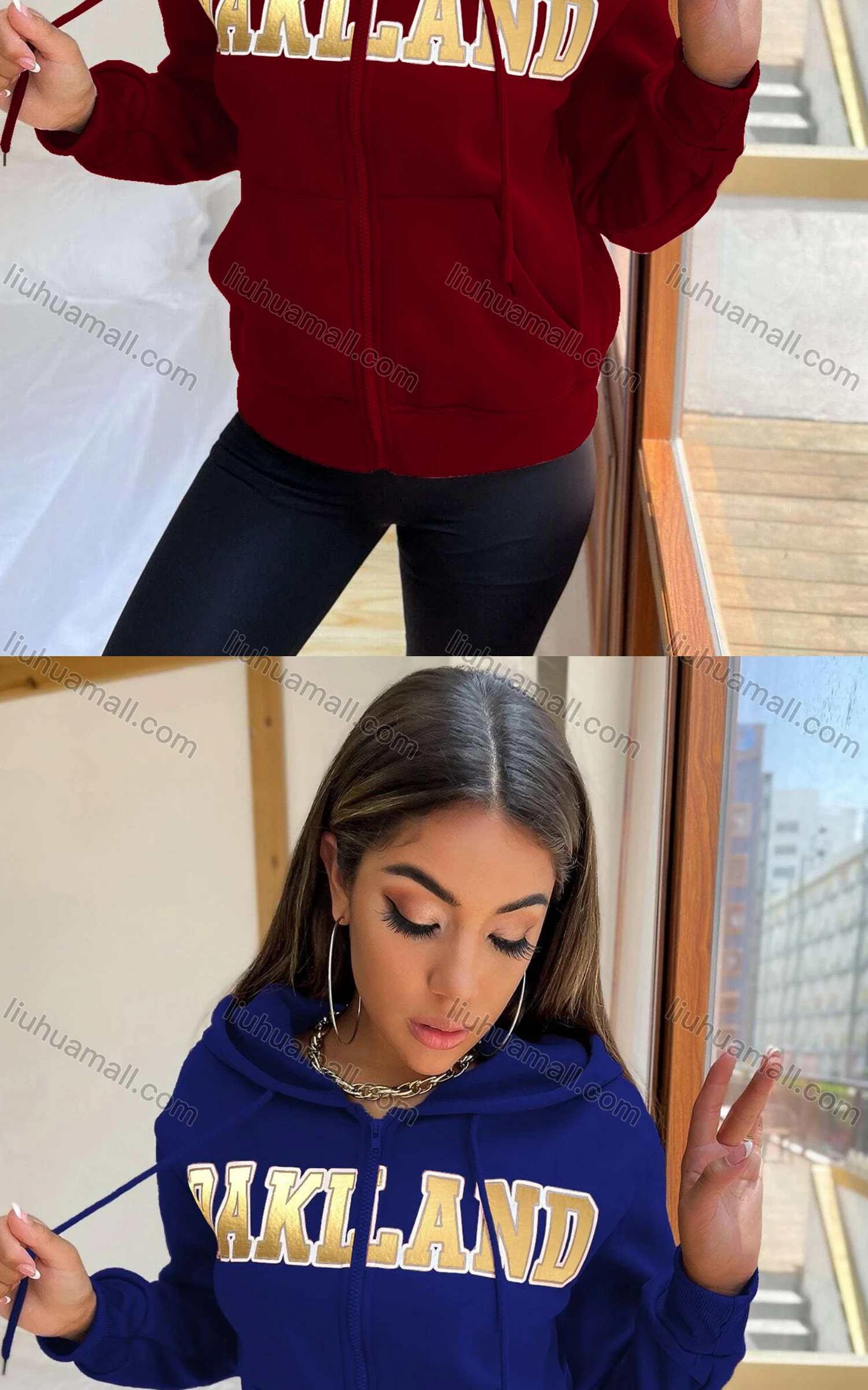 Wholesale Women's Casual Hooded Zipper Colorblock Letter Hoodies - Liuhuamall