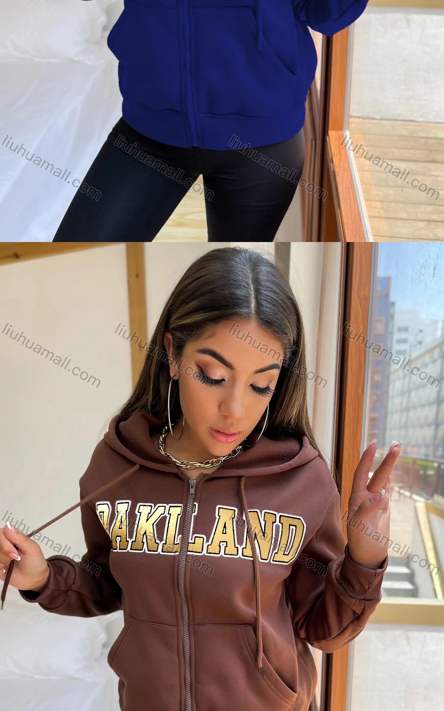 Wholesale Women's Casual Hooded Zipper Colorblock Letter Hoodies - Liuhuamall