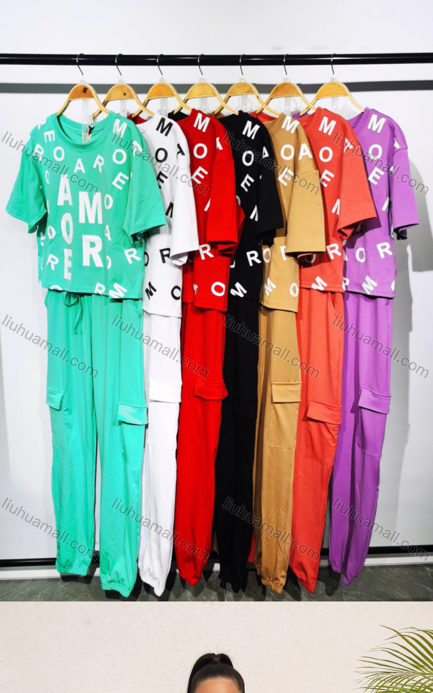 Wholesale Women's Casual Letter Short Sleeve Top & Elastic Waist Sweatpants Set - Liuhuamall