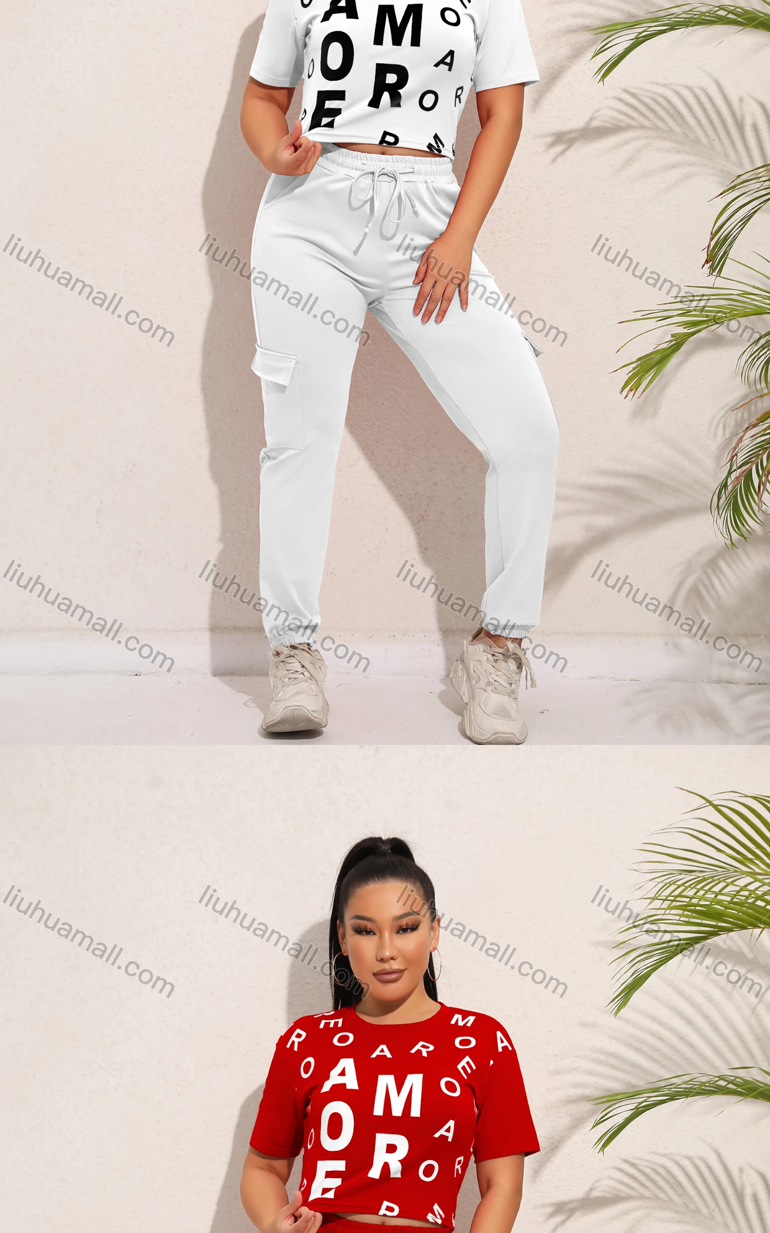 Wholesale Women's Casual Letter Short Sleeve Top & Elastic Waist Sweatpants Set - Liuhuamall