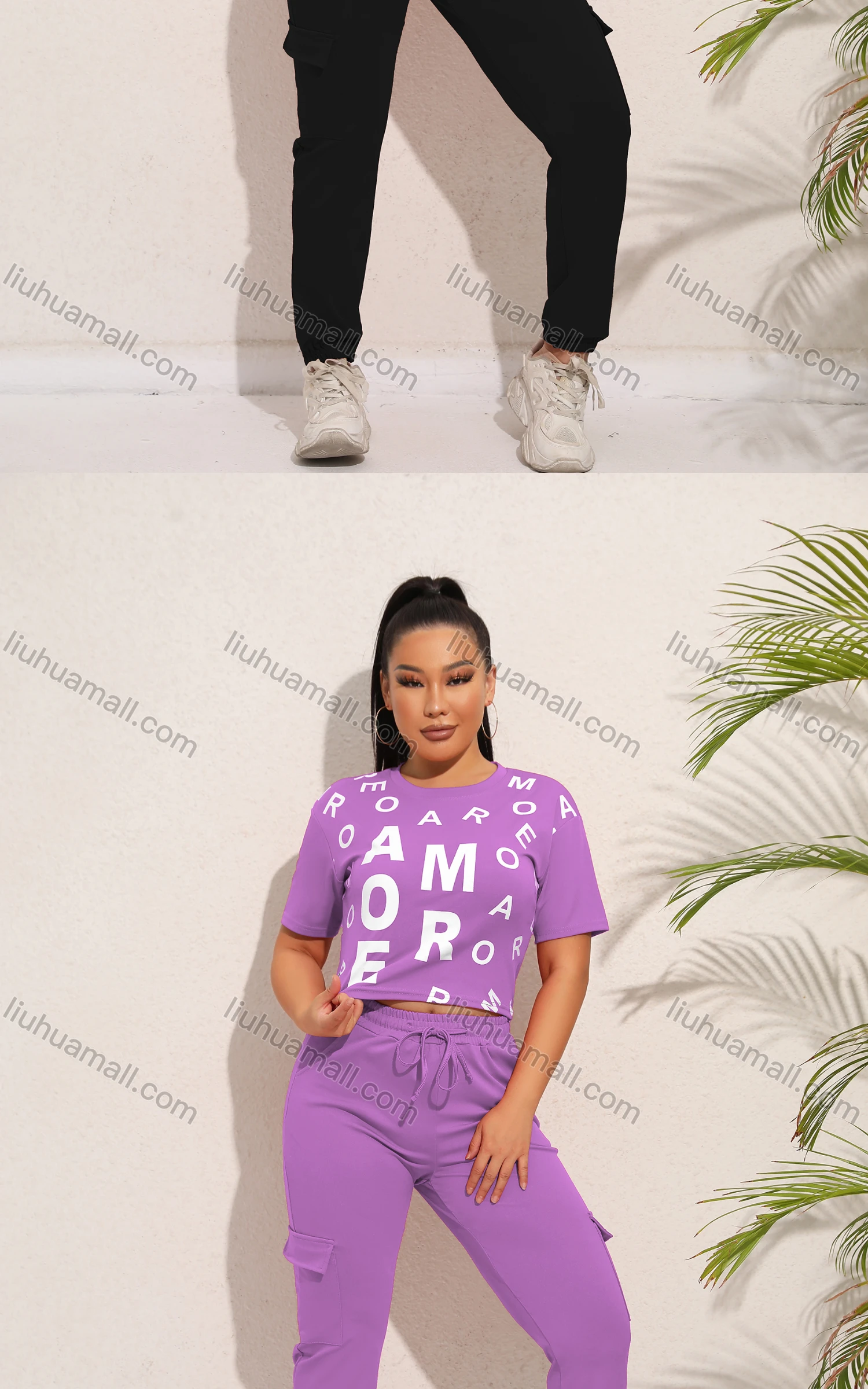 Wholesale Women's Casual Letter Short Sleeve Top & Elastic Waist Sweatpants Set - Liuhuamall