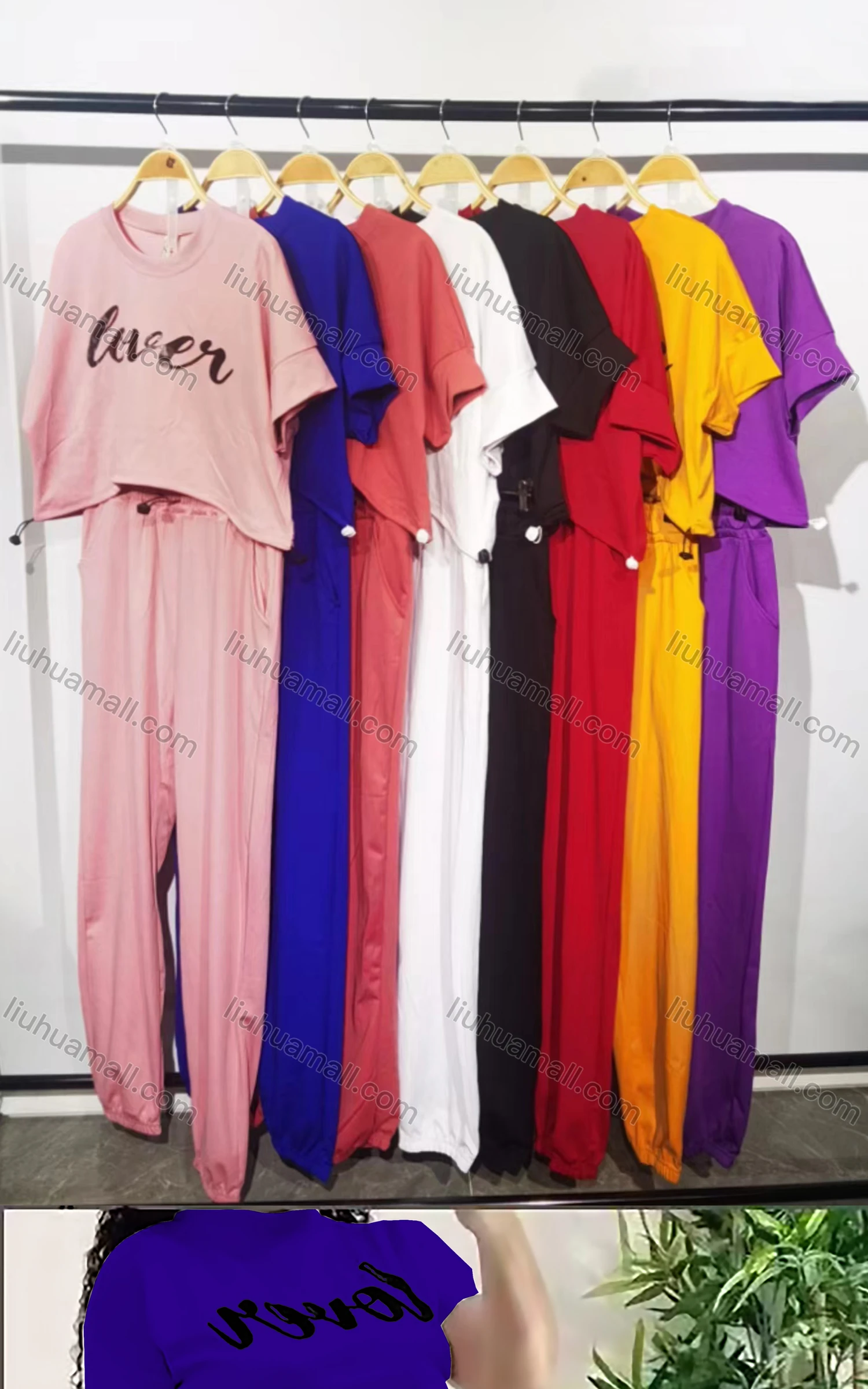 Wholesale Women's Casual Drawstring Letter Short Sleeve Crop Top & Elastic Waist Sweatpants Set - Liuhuamall