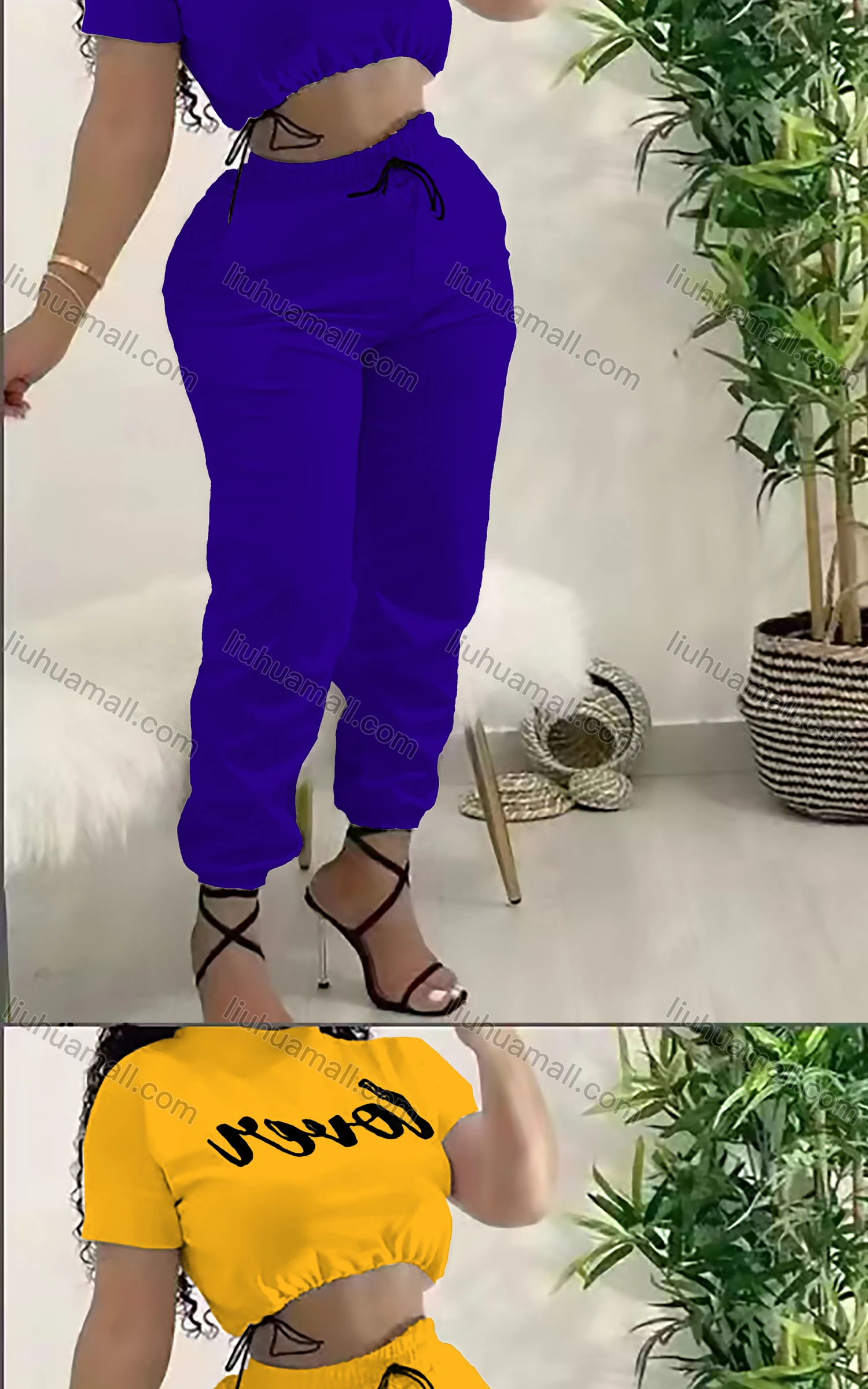 Wholesale Women's Casual Drawstring Letter Short Sleeve Crop Top & Elastic Waist Sweatpants Set - Liuhuamall