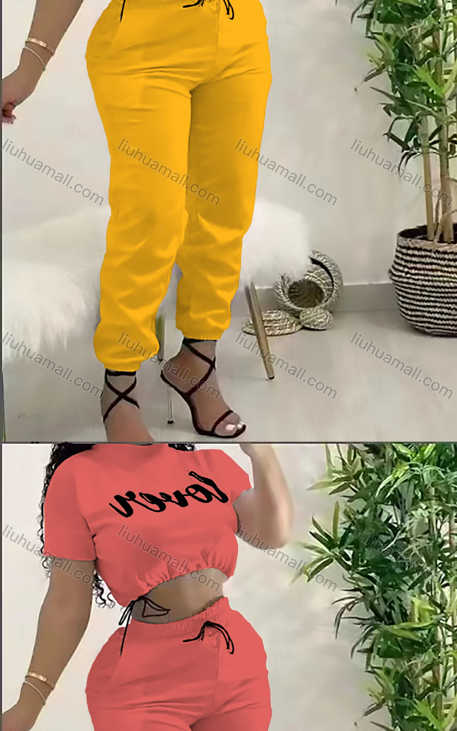 Wholesale Women's Casual Drawstring Letter Short Sleeve Crop Top & Elastic Waist Sweatpants Set - Liuhuamall