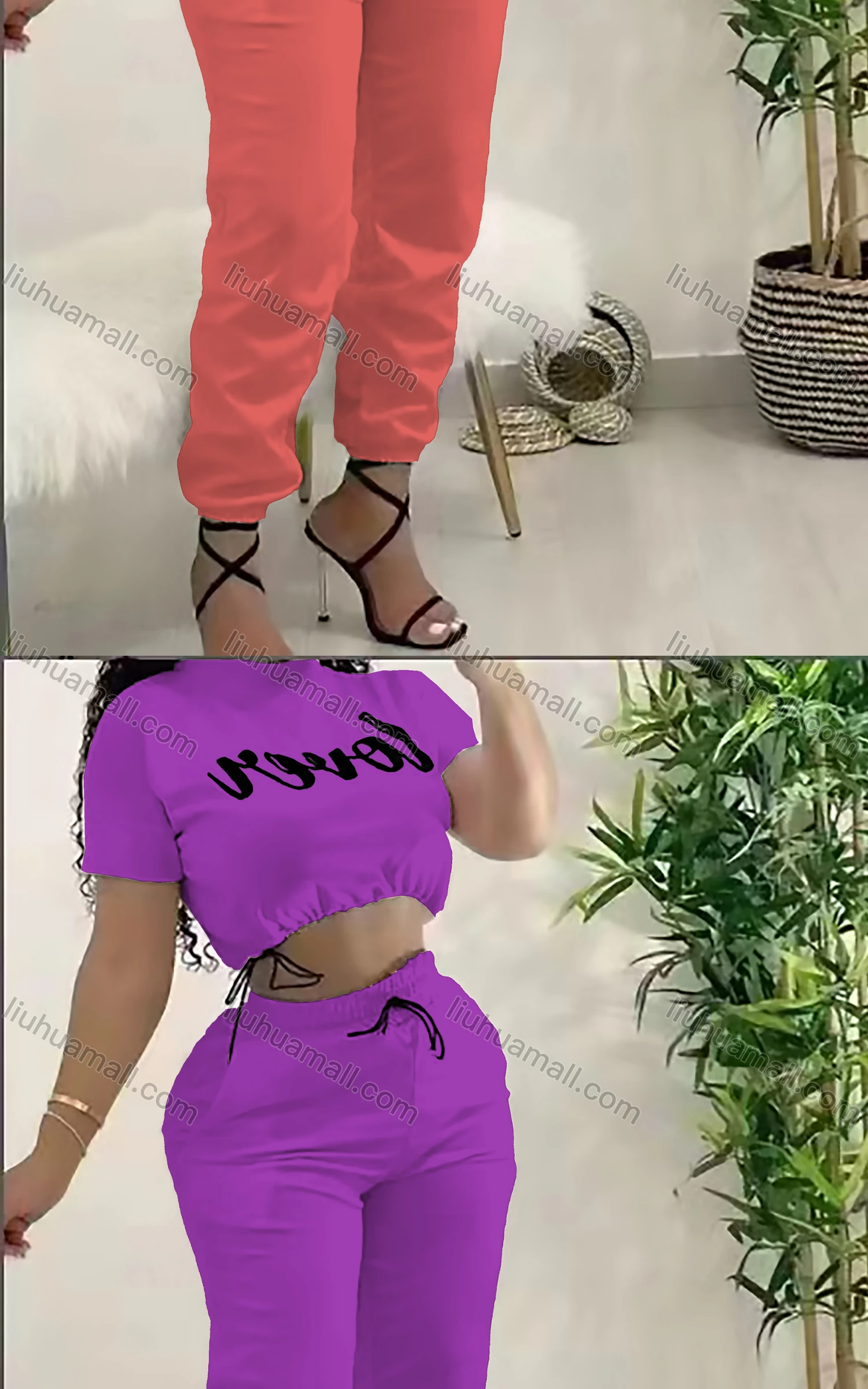 Wholesale Women's Casual Drawstring Letter Short Sleeve Crop Top & Elastic Waist Sweatpants Set - Liuhuamall