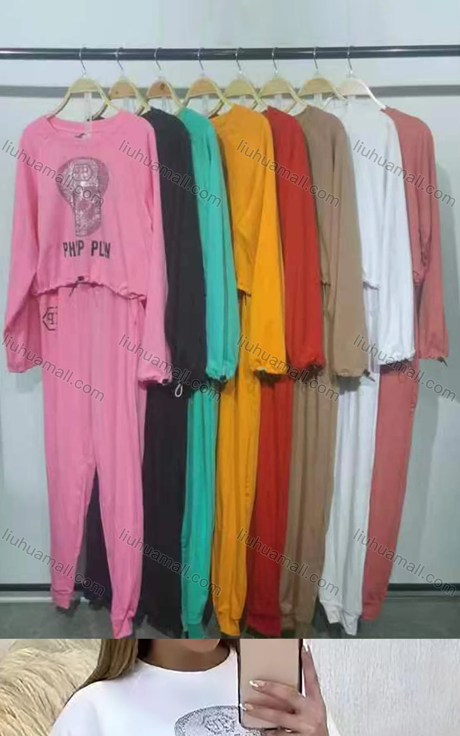 Wholesale Women's Casual Drawstring Skull Rhinestone Letter Long Sleeve Crop Top & Sweatpants Set - Liuhuamall