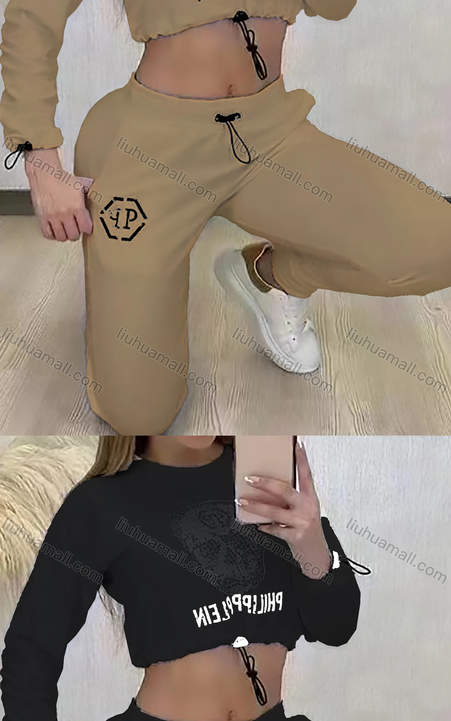 Wholesale Women's Casual Drawstring Skull Rhinestone Letter Long Sleeve Crop Top & Sweatpants Set - Liuhuamall