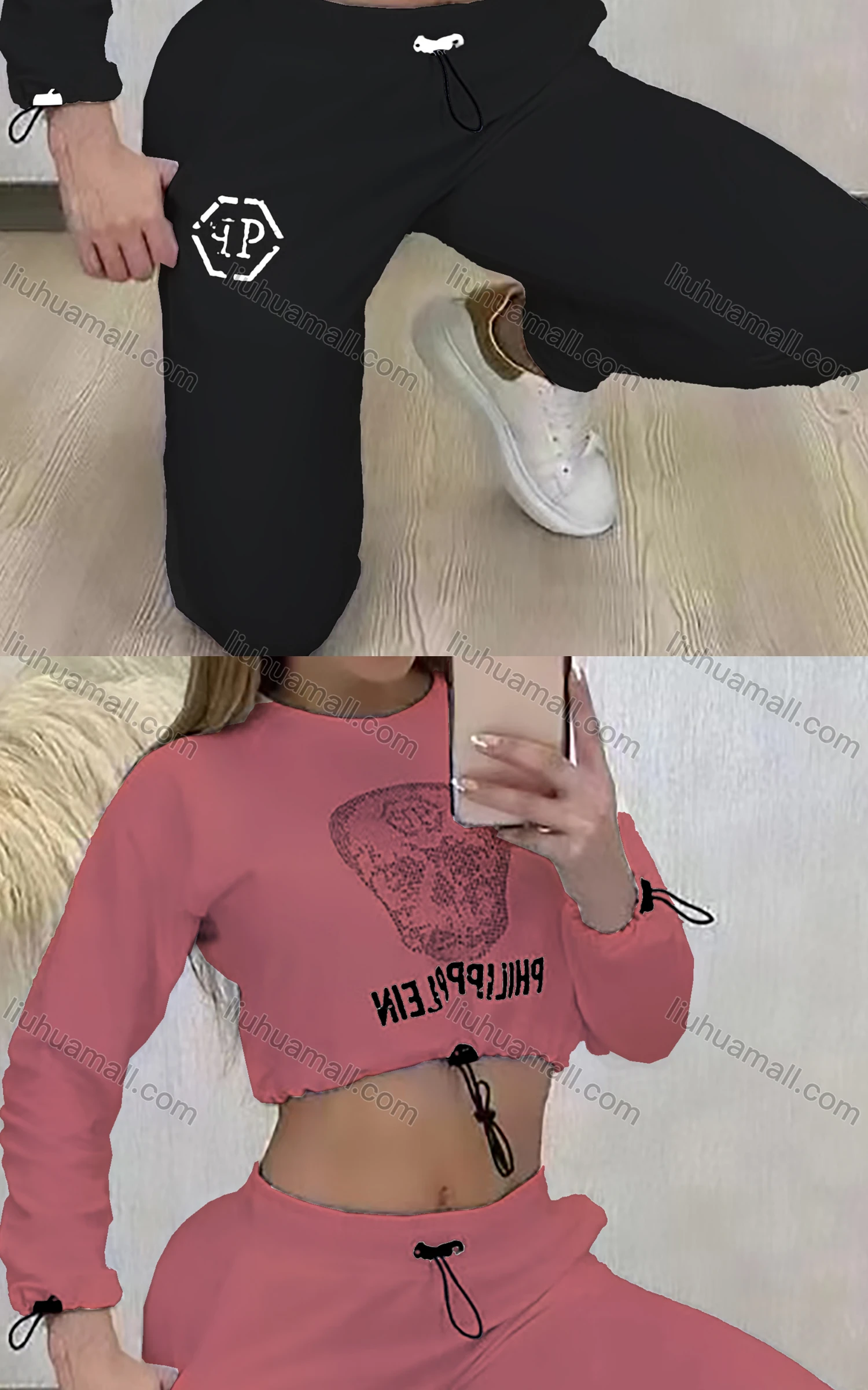 Wholesale Women's Casual Drawstring Skull Rhinestone Letter Long Sleeve Crop Top & Sweatpants Set - Liuhuamall